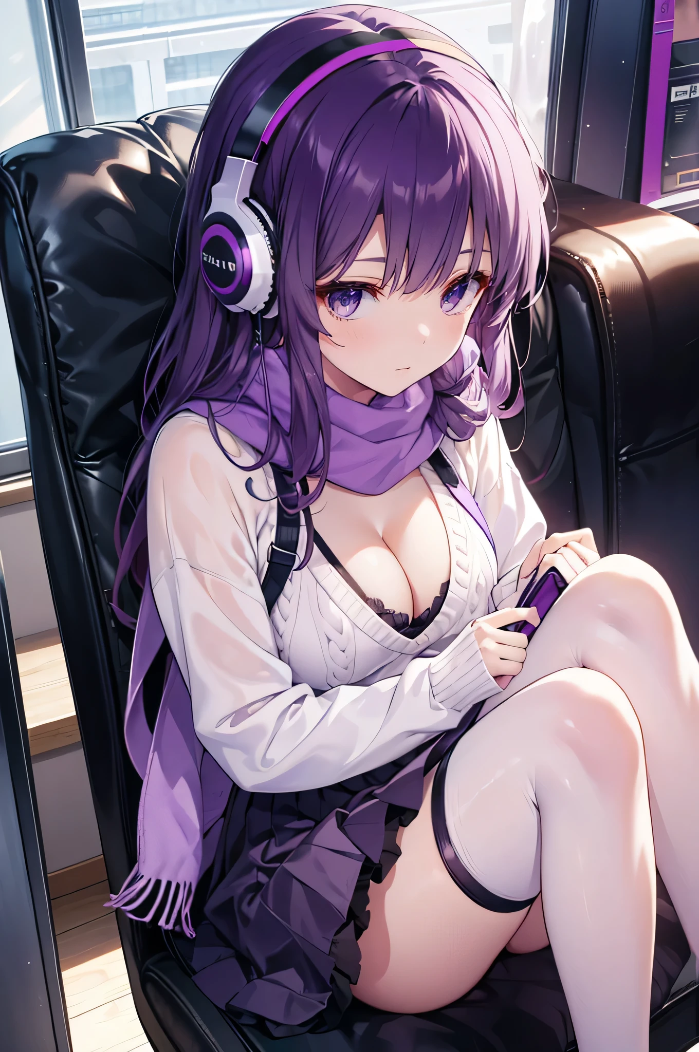 anime girl, cleavage, perfect thighs, thigh gap, long bright purple hair, black headphones on, purple scarf, black knit sweater, short purple skirt, (black stockings), blouse, 8K, high resolution, (((sitting with legs parallel))), see through sweater