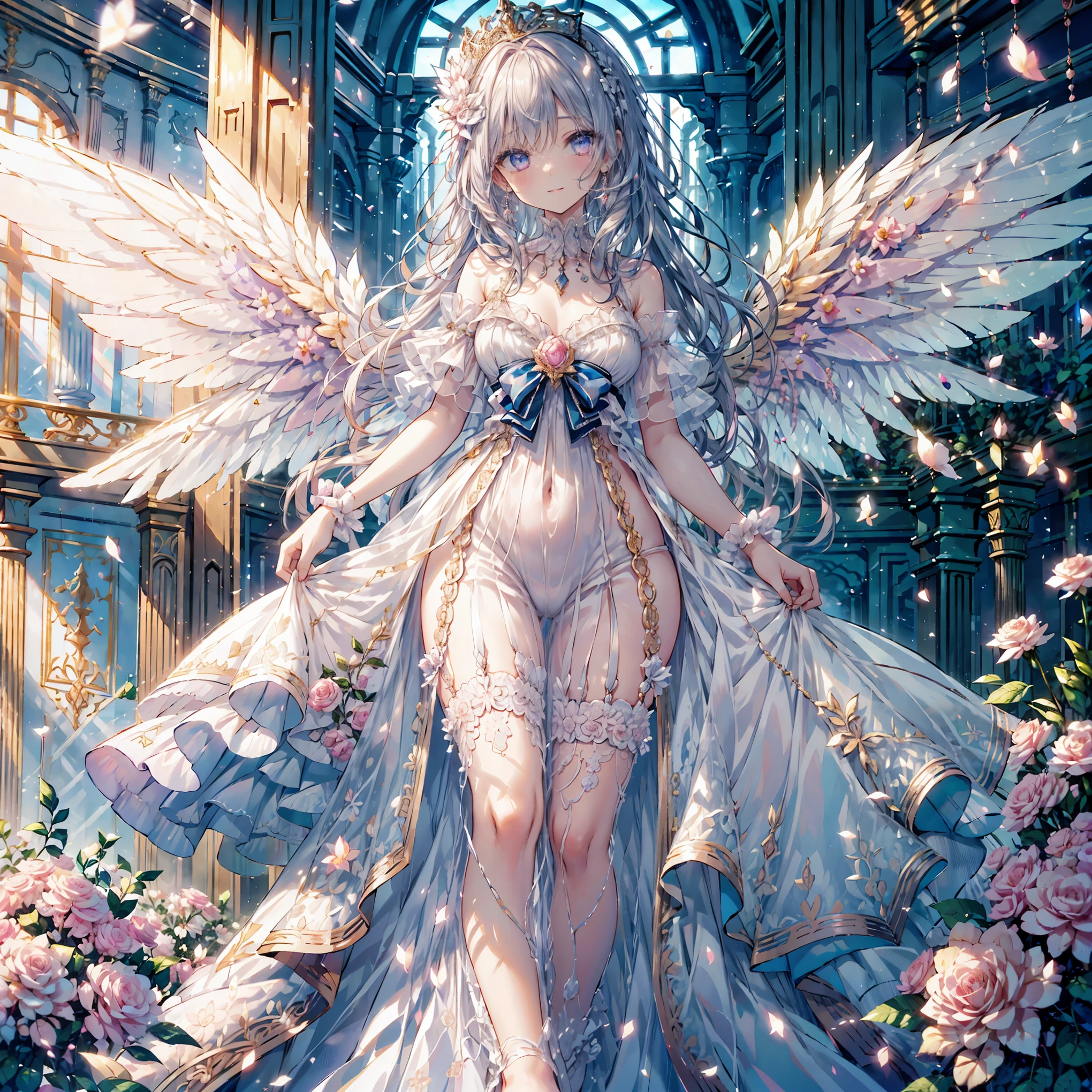 (highest quality, masterpiece, Super detailed, very detailed, exquisite, 16k,Full HD),A little closer,golden ratio,dramatic lighting,pastel colour,looks fun,fly in the sky,soft lighting, ((alone:1.5)),blue sky,white light,rose garden,Hanabubuki,,((head shot)),(fairy princess, purple eyes, long eyelashes,white skin,slim,Pale pink plump lips,pale pink cheeks, The wind is blowing,White fluffy hair,thin and long,(thin and high nose,small nose),(Huge fairy wings from just above the waist),Diamond tiara,diamond earrings,Diamond Earrings,Diamond Choker,(white ball gown dress:1.1), pure white lace and frills,(smile:1.2), (fantasy, romantic atmosphere), magic light,