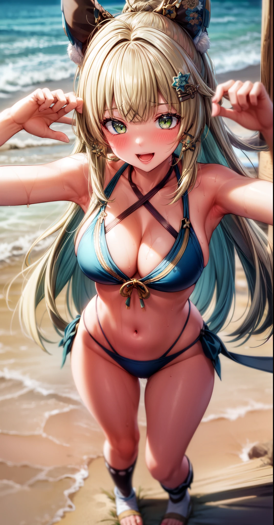 anime, beautiful face, highly detailed face, (highly detailed green eyes:1.2) , highly detailed beach background, best lighting, no shadows, 1girl, solo, outdoors, genshin impact, Kirara, bangs, beautiful long blonde hair, hair ornament, cat ears, absurdres, high res, ultrasharp, 8K, masterpiece, looking at viewer, blushing, (happy smile:1.2), BREAK (detailed sexy beach bikini:1.4), (sexy excited pose:1.2), full body, standing up