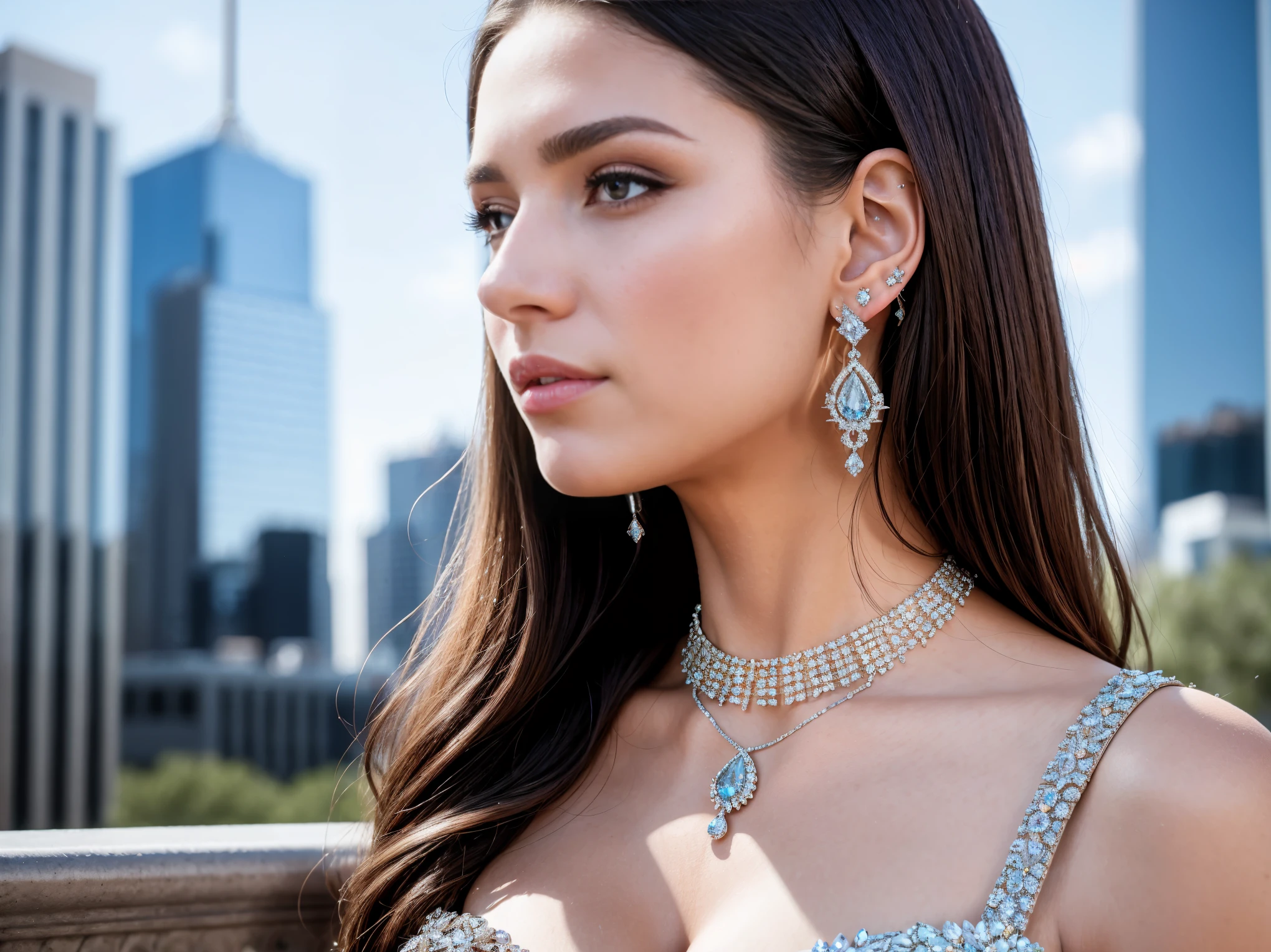 (masterpiece, highest quality), intricate details, realistic, photorealistic, a close up of a woman wearing earringss, Inspired by Emma Andijewska, covered in crystals, silver, long earringss, Sandra Chevier, huge earringss, 2019, Blue-eyed, platinum jewelry, earrings, perfect structure, silver earrings, Beautiful city background