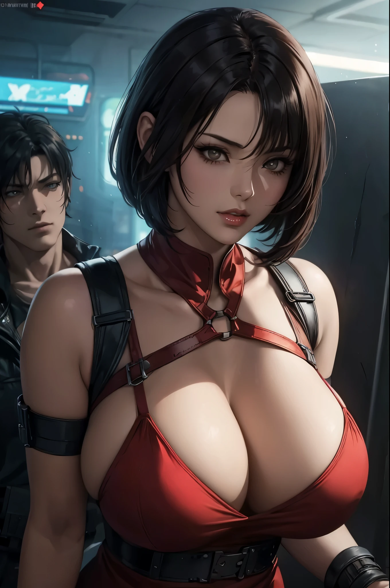 super fine illustration, ultra high resolution, masterpiece, highest quality, perfect shiny shinny skin, perfect lighting, detailed lighting, dramatic shadow, ray tracing, 1 beautiful milf, looking at the viewer, big breasts, exposed cleavage, beautiful detailed brown eyes, sharp face, clear eyes, red lips, long bangs, black short bob hair, ((cyberpunk dark city)), Upper body, Red long China dress, military harness, Aida Wong - Resident Evil Series,