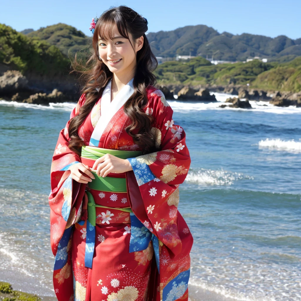 Japanese beauty、Traditional Japanese kimono、stand like a model、long hair with big waves、