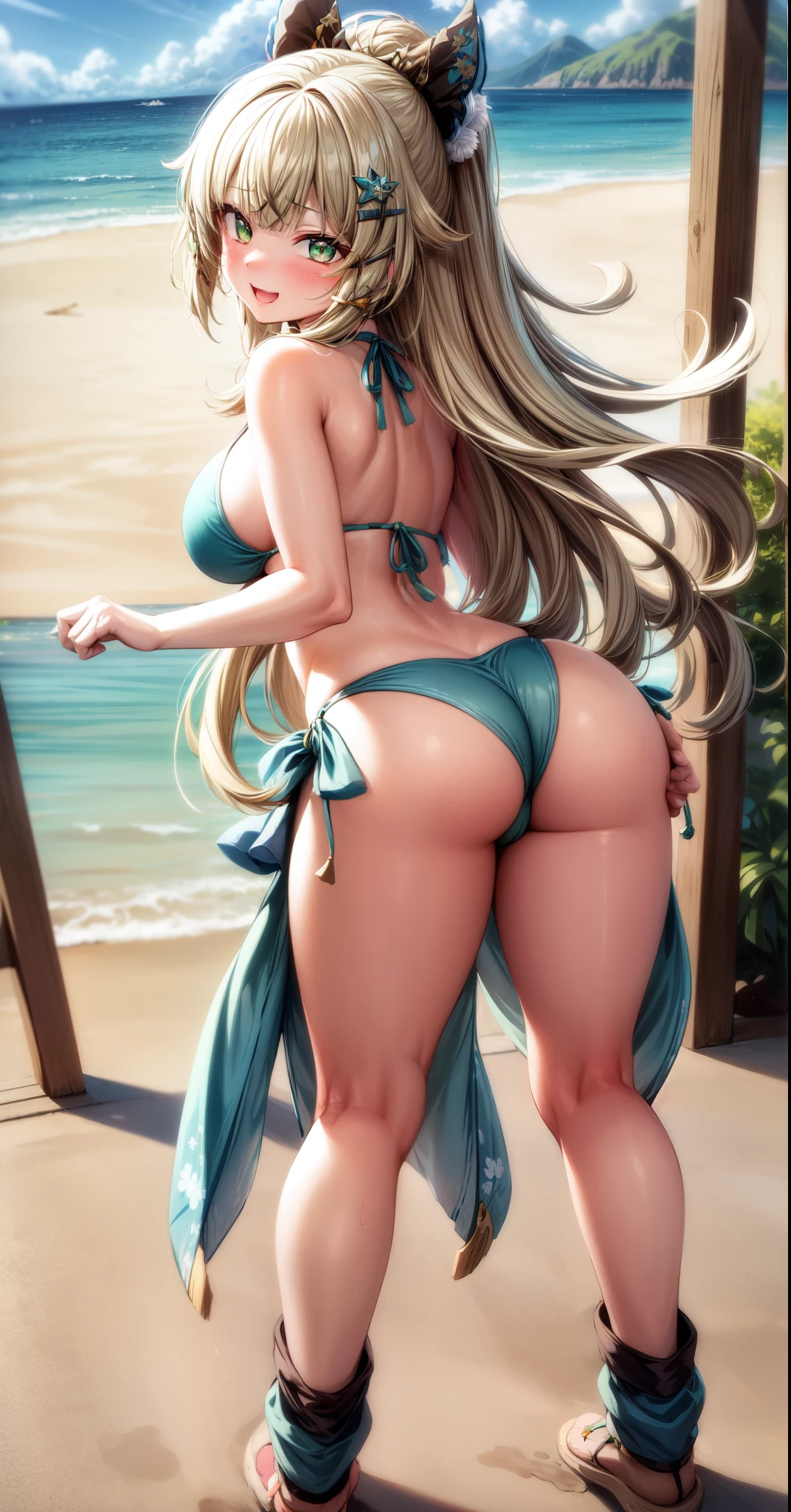 anime, beautiful face, highly detailed face, (highly detailed green eyes:1.2) , highly detailed beach background, best lighting, no shadows, 1girl, solo, outdoors, genshin impact, Kirara, bangs, beautiful long blonde hair, hair ornament, cat ears, absurdres, high res, ultrasharp, 8K, masterpiece, looking at viewer, blushing, (happy smile:1.2), BREAK (detailed sexy beach bikini:1.4), (sexy excited pose:1.2), (full body:1.2), standing up, (view from behind:1.2), ass view, looking over her shoulders 