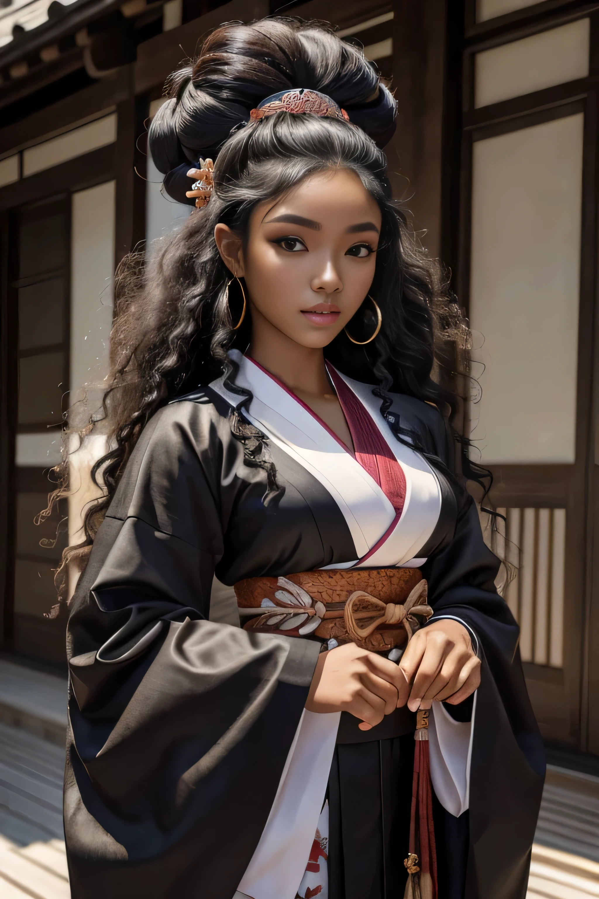 masterpiece, best quality, beautiful black and Asian mixed 19 year old, ebony skin female, long, frizzy, curly dark hair, perfect face, half body, long hair, wearing kimono_clothes