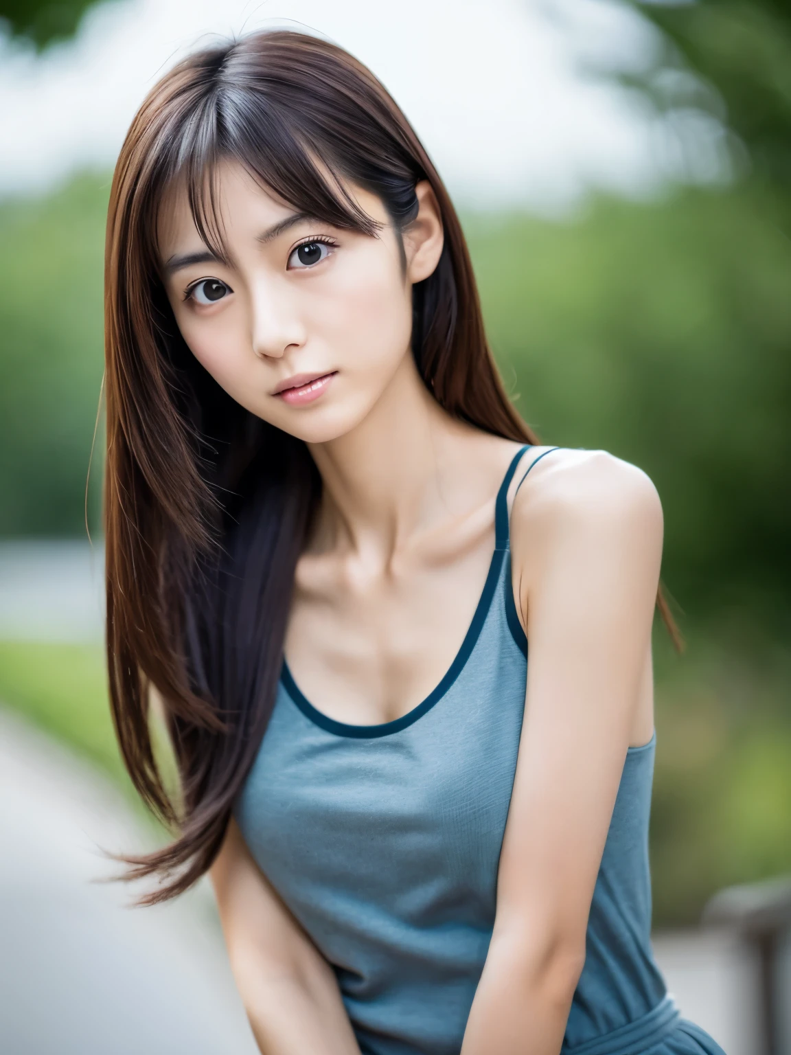 a skinny Japanese lady, 20 years old, (realistic), (hyperrealism), (photorealistic), (8K resolusion), depth of field, (upper-body:1.2), super detailed face, detailed eyes, cute face, various face expression, various hair style, (small breasts:0.6), (very thin waist:0.7), casual outfit