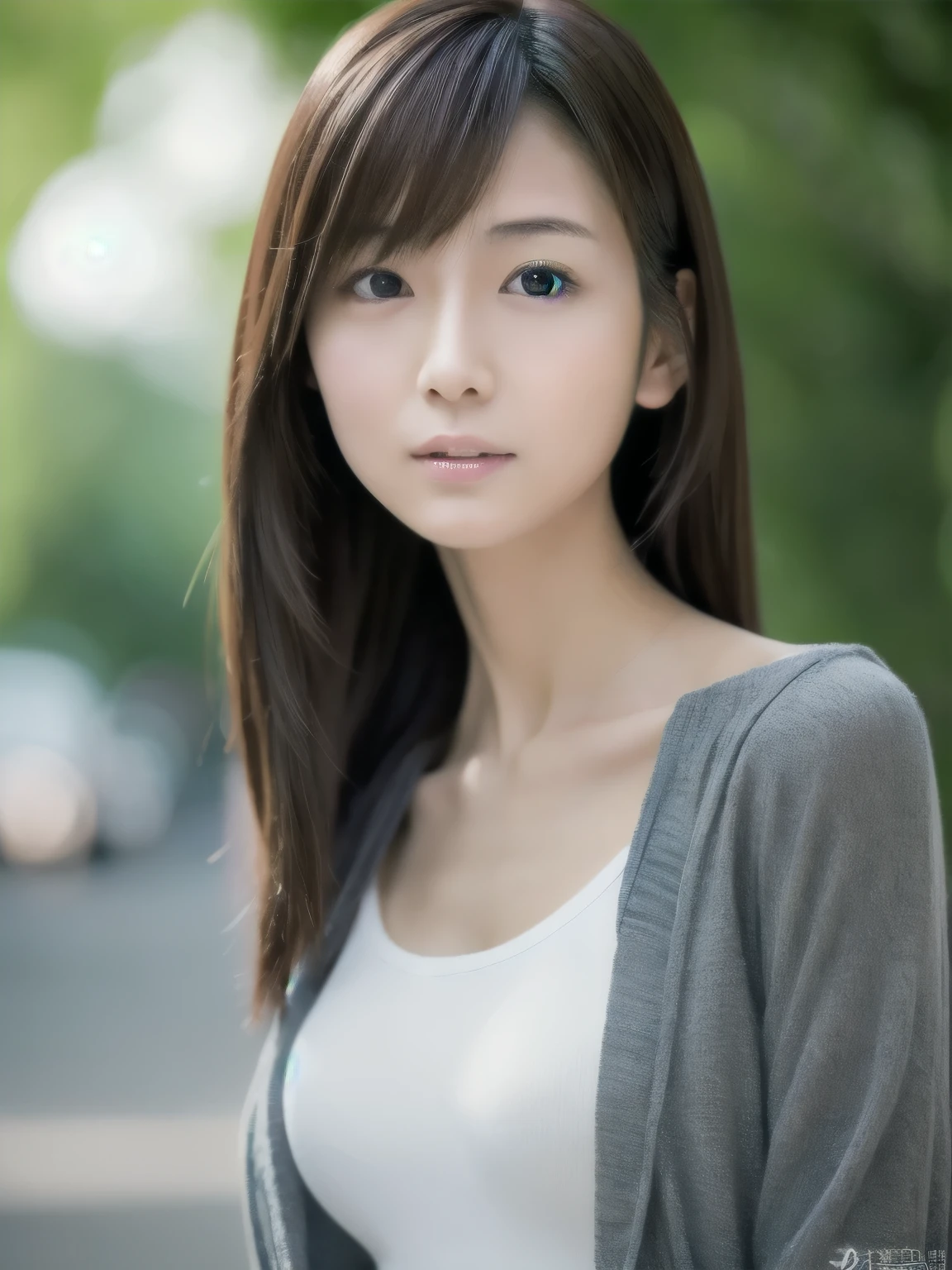 a skinny Japanese lady, 20 years old, (realistic), (hyperrealism), (photorealistic), (8K resolusion), depth of field, (upper-body:1.2), super detailed face, detailed eyes, cute face, various face expression, various hair style, (small breasts:0.6), (very thin waist:0.7), casual outfit