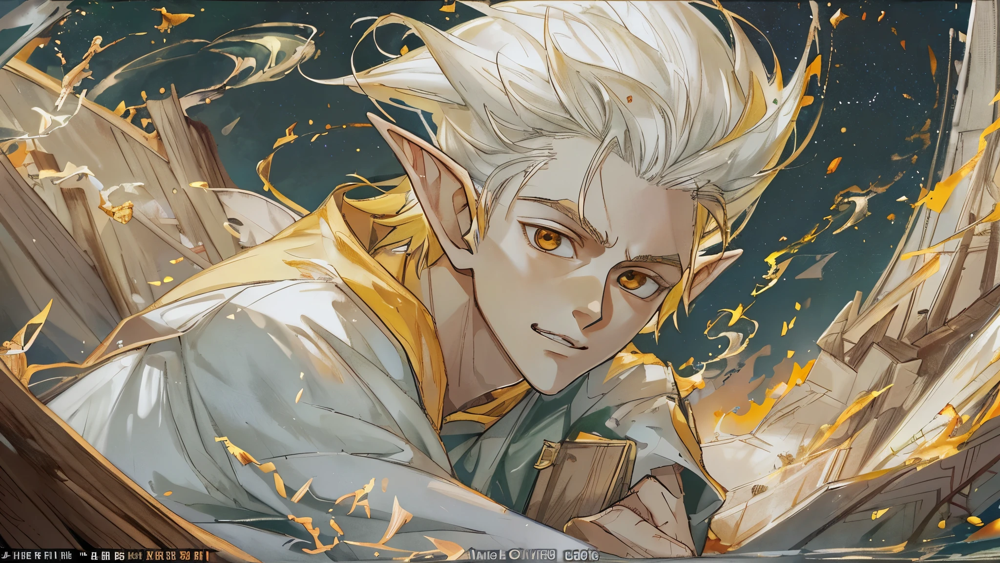 master piece), 8k, best quality, book illustration, The elf boy, childlike appearance, naive, male, teenager, , white skin, thin body, pointed elf ears, beautiful finely detailed silver eyes , high forehead, spiky yellow blonde hair like Gohan from the anime dragon ball (super sayajin), Round face, highly detailed, conservative elven outfit, conservative posture, An explosion, wreckage of boat wood, on all sides, in Above drifting on a piece of wood, at sea, in danger, drowning