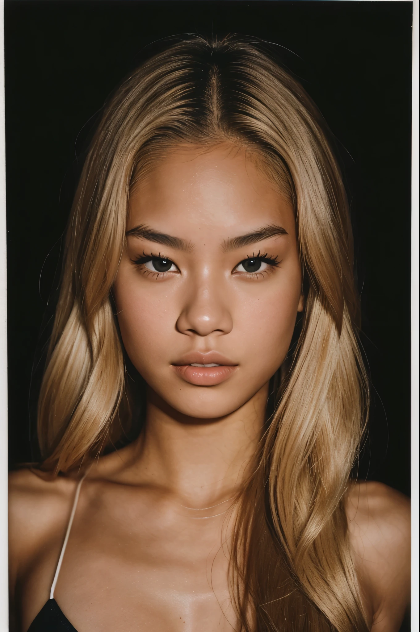 arafed instagram supermodel, biracial features, mid-length blonde hair, pale skin, perfect face, looking hot, olympian swimmer model body, tyla, jennie kim, harsh polaroid flash, vintage quality, in the night, dark background, one girl, vogue