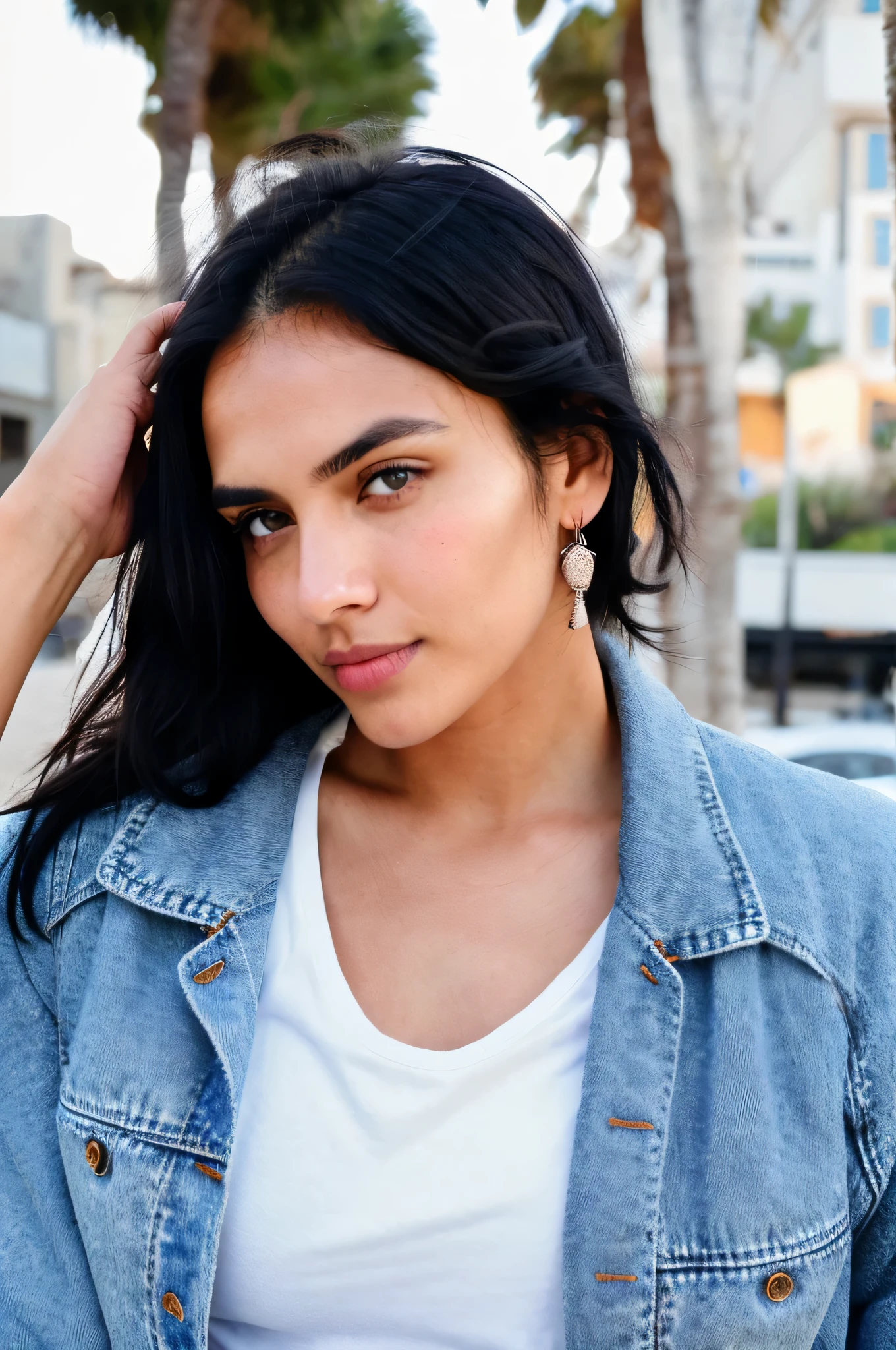 Make me a man, I want his picture, He has black hair, Small round face, Red cheekbones, brown, beautiful eyes, She wears a white shirt and a blue denim jacket, She seems like a nice person, It is social and positive, Characteristics of a Moroccan man