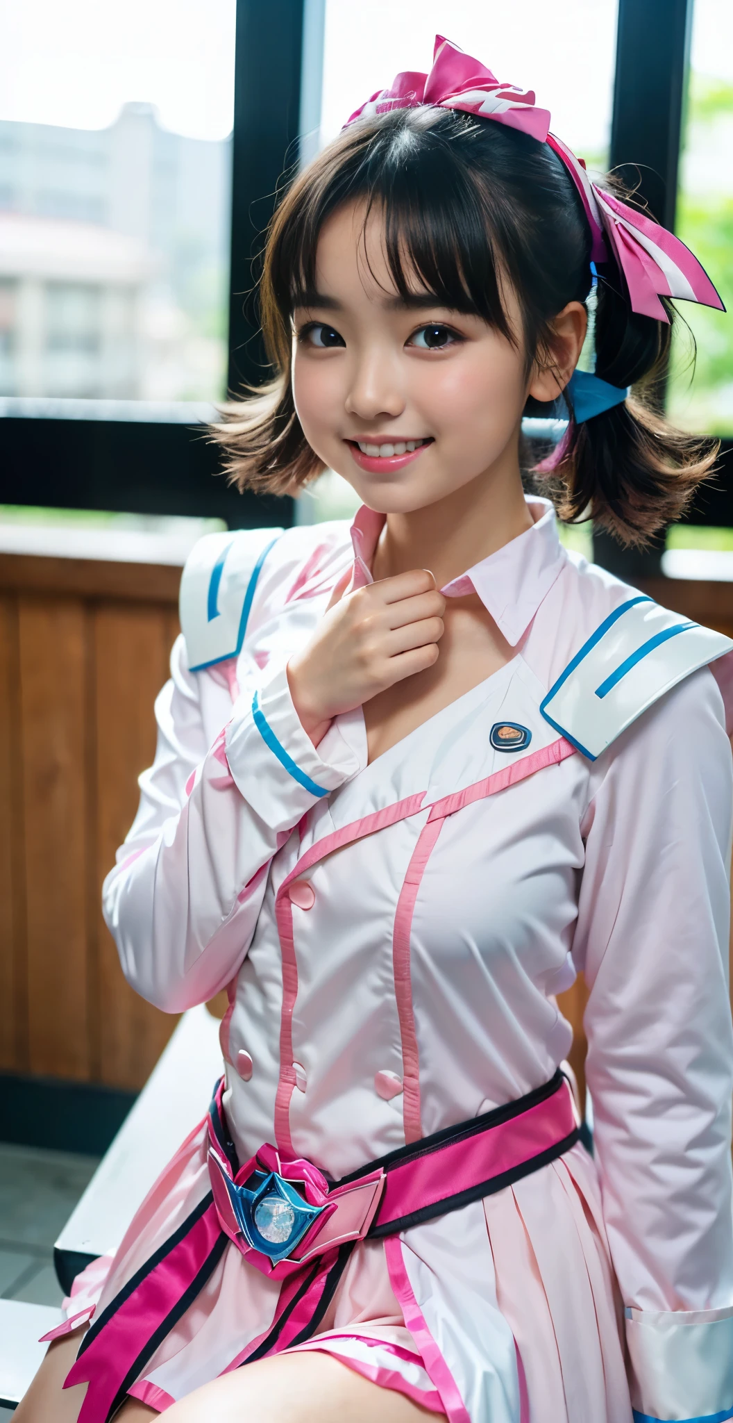 （8k、Raw photography、highest quality、masterpiece：1.2),(black haired、very short hair:1.8),(short twin tails:1.4)、show viewer,Looking at the front,erotic,white skin,(super sentai series、pink ranger、Super Beautiful Girl Warrior、She is wearing a colorful PreCure series costume.:1.9)、(Clothing that emphasizes the shape of your chest、publish one&#39;skin of:1.5)、(big breasts :1.2)、slim body shape、ultra high resolution,beautiful,beautiful fece,(alone, alone、no background:1.9),whole bodyボディー,japanese woman,（Photoreal：1.37）、photon mapping,reality、(Baby-faced and cute: 1.4)、(cute smile: 1.7)、(With a round face: 1.9)、radio city、Physically based rendering、depth of field rally background、photograph, (I can see your knees,close up of thighs:1.4),whole body、super fine