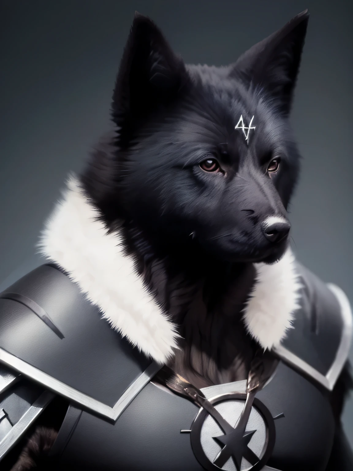 Barnisin as a superhero, portrait, black dog with white fur on chest, armor