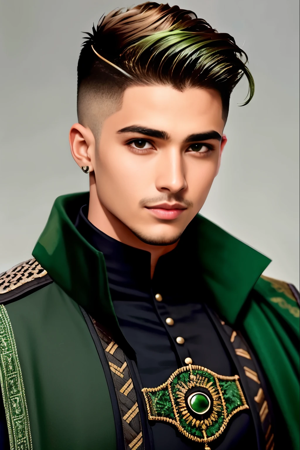 Um bonito e homens loiros woth undercut estilo de cabelo, wit grem gravata , olhos verdes , Marrom ondulado Hai curto, in octanal medieval green setting, a short sword im your hand