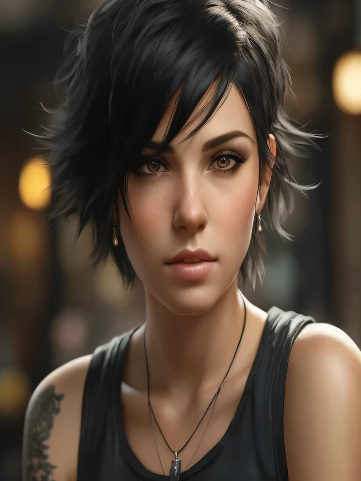 a close up of a woman with a necklace and a necklace on, cinematic realistic portrait, 8k portrait render, ultra realistic concept art, artgerm ; small character. ultra realistic picture, photorealistic concept art, beautiful realistic photo, short dark hair, short black hair, amazing photorealistic graphics