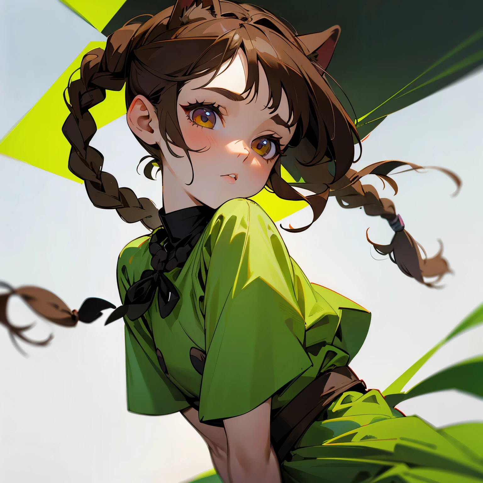 Brown haired girl with two braids, orejas largas de perro, ojos verdes, pale skin, senos grandes y vestido que deja ver si escote