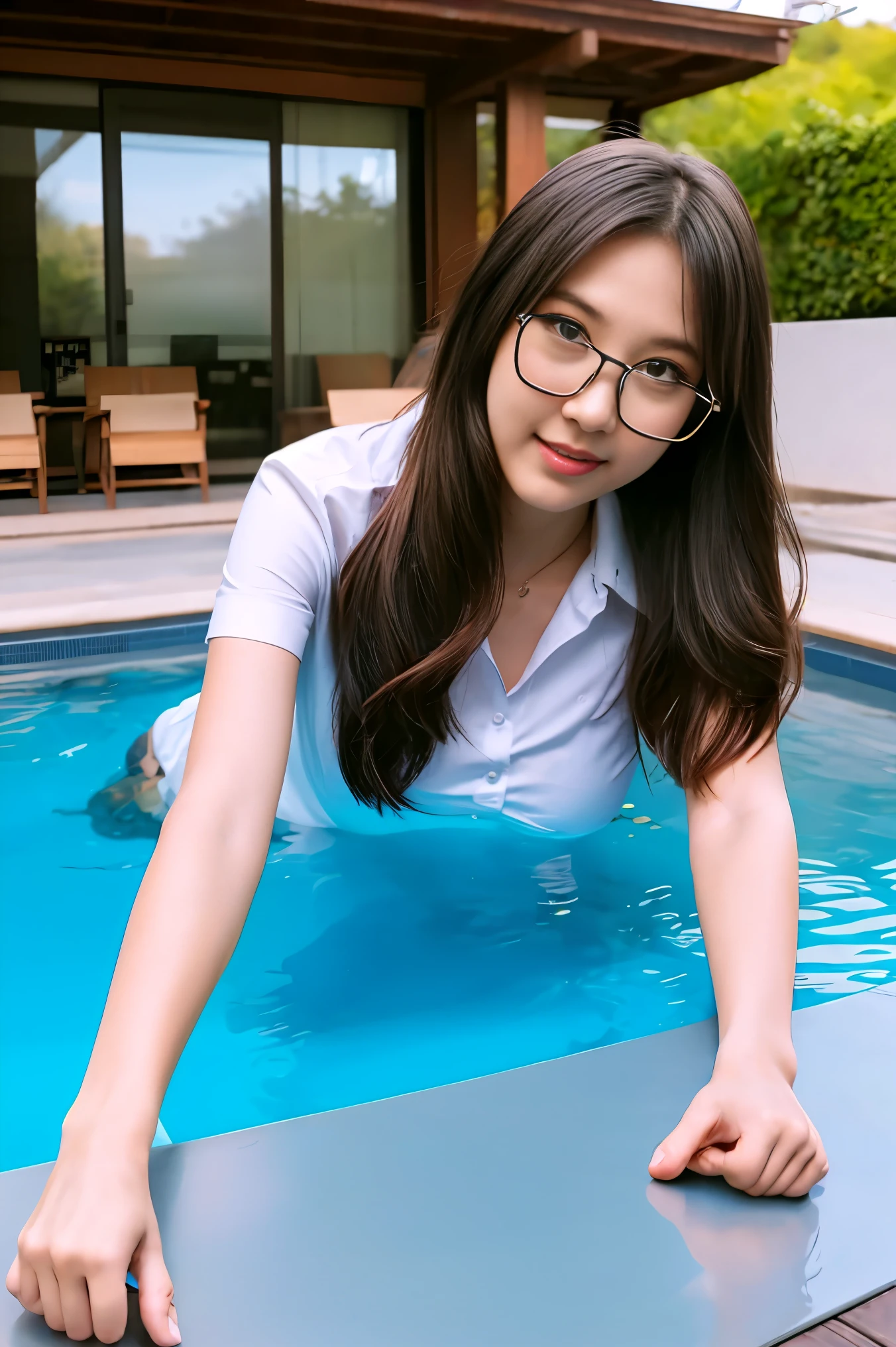 masutepiece、hight resolution、1girl in、young, , . in one's student uniform、Braids、eye glass、black lingerie、large full breasts、Lying on swimming pool terrace 、Cute anime illustration