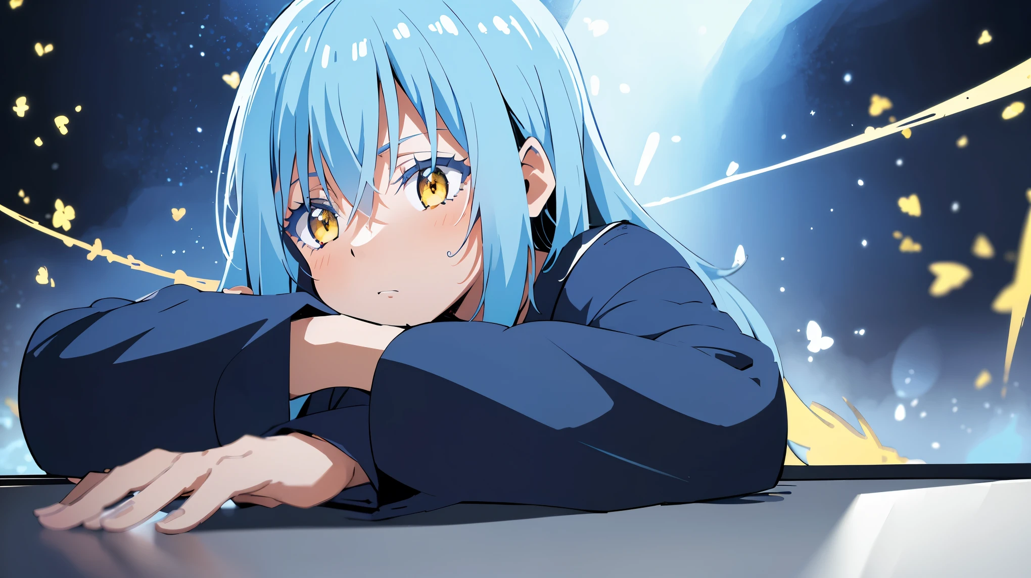 {masterpiece, 1 girl, light blue hair,black sailor suit, yellow eyes, Shy, light blush}, {dynamic angle, dramatic_angle, dynamic poses,lie down, camera, School}, {glow_white_particle, intricate details, depth of field},rimuru