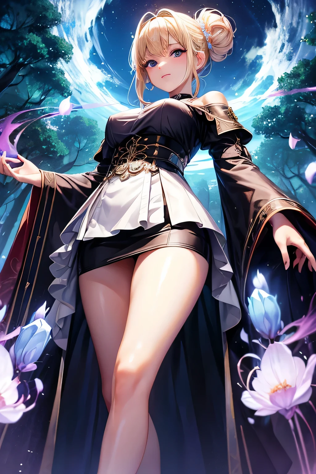 mini skirt robe、Beautiful female magician、blonde updo、((whole body))、(((photo taken from below)))、night forest
