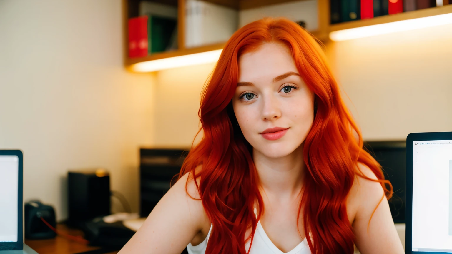 ((best quality)), ((masterpiece)), (detailed), perfect face,woman sitting at a desk with a laptop computer in front of her, twitch streamer, in front of a computer, youtuber, neon lights in background,woman with red hair, a redheaded young woman, redhead woman, red haired young woman, beautiful redhead woman, red haired girl, red hair and attractive features, redhead girl, sophisticated young woman, red hair girl, attractive woman, young woman, photo of young woman, cute young woman, red head