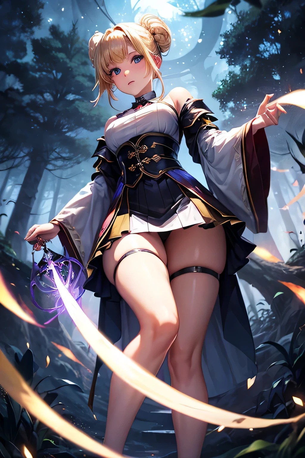 mini skirt robe、Beautiful female magician、blonde updo、((whole body))、(((photo taken from below)))、night forest