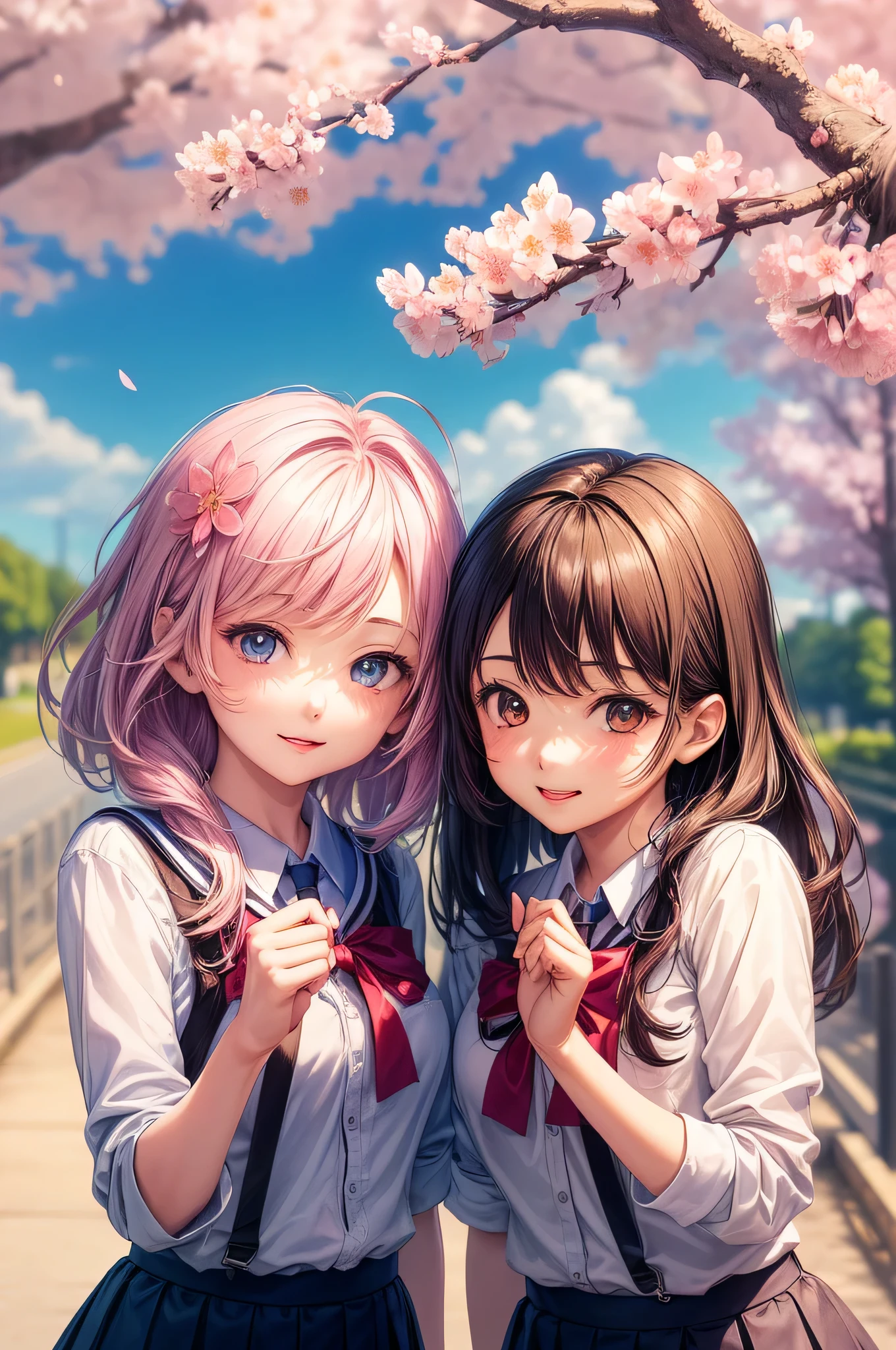 (2 girls:1.2), cute face, cute smile, (school uniform, mini skirt:1.2), (highest quality: 1.4), (Super detailed), (highest quality:1.4), (super detailed), (cherry blossomsのトンネル in full bloom, cherry blossomsのトンネル), road, Day光, cherry blossoms, cherry blossoms, Sunny, cloud, Day, blue sky, (anime illustration), very high resolution, (Upper body)