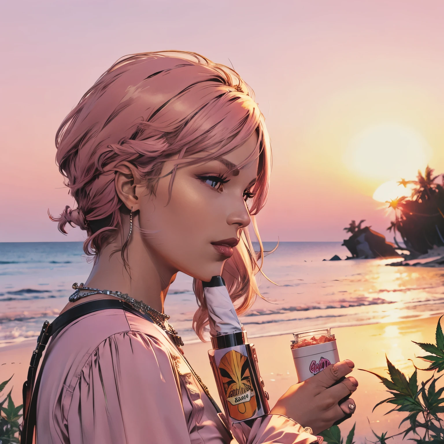 Cigarette in hand, weed, pink sunset