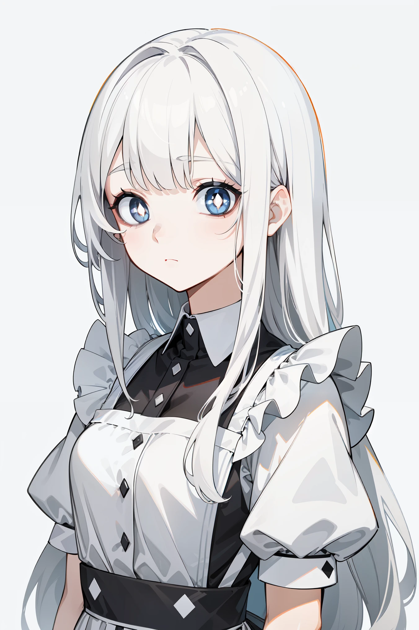 (masterpiece, best quality, ultra high quality:1.1), ((portrait)), 1girl, solo, young with long hair, pure white hair, straight hair, blunt bangs, ((light gray eyes, white pupils)), ((white pupils)), ((bags under eyes)), small breasts, flat chest, neutral, innexpressive, sad, white and black dress, maid, white apron, upper body, standing, hands behind back, isometric lightning, white background, simple background