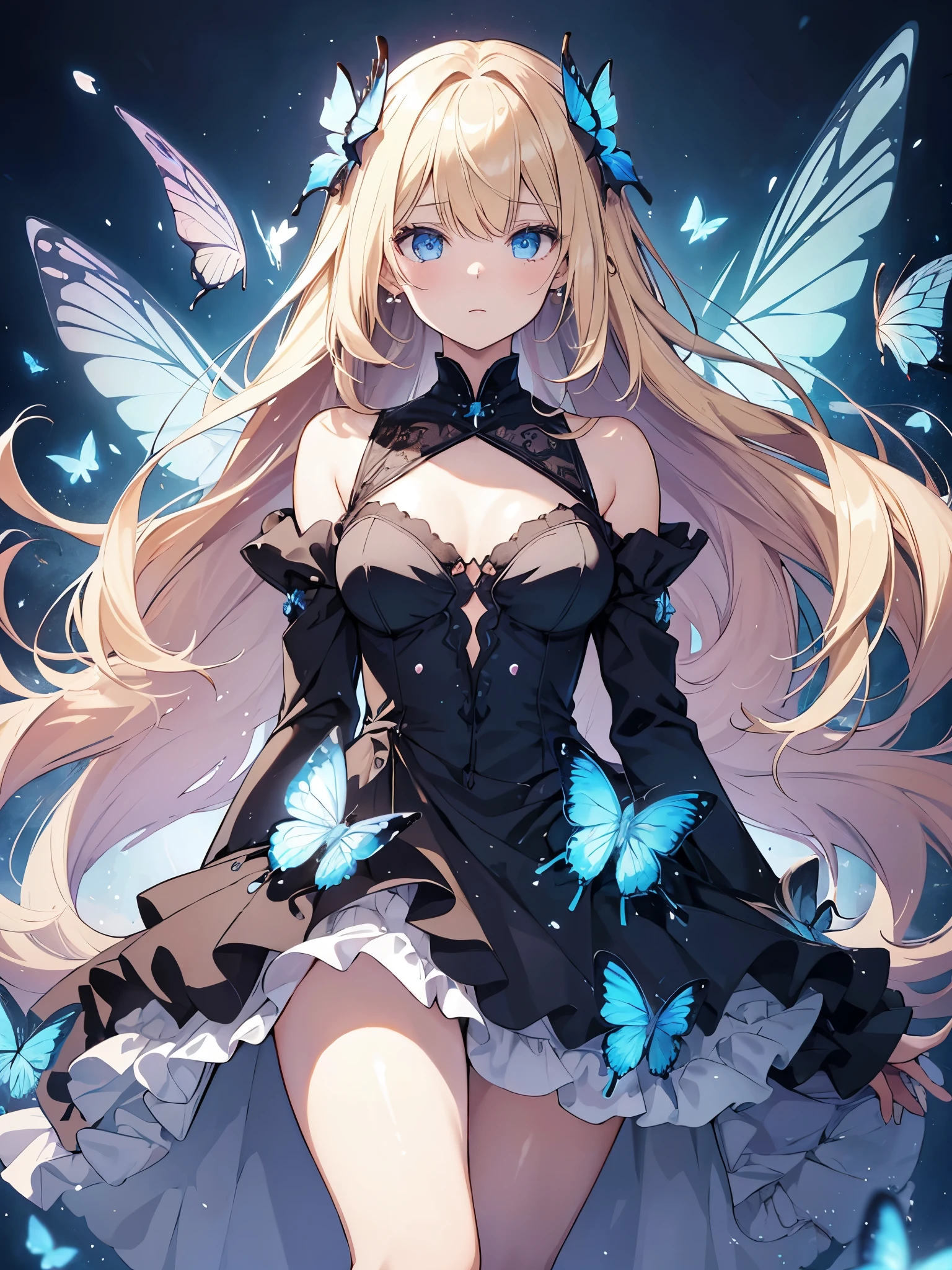 1girl,mit einem langen Kleid, the dress consists of butterflies in different sizes and colors, Regenbogenfarben, Blonde Haare, sehr lange Haare, geflochtene Haare und teilweise offen, White background, elegant, dynamisch, beautifules Kunstwerk, Anime-Illustration, Ultra HD, beautiful, blaue Augen