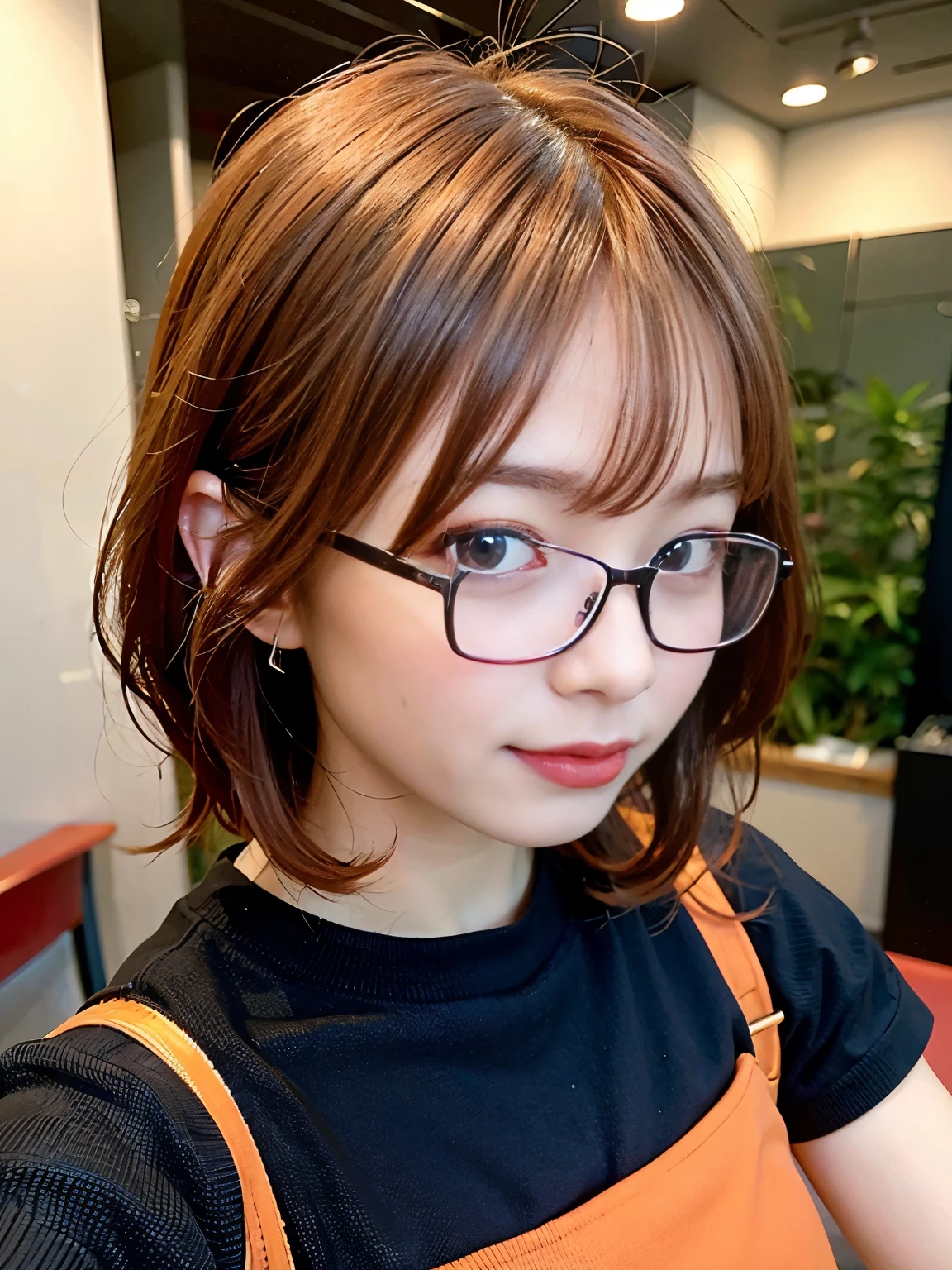 (8k, RAW photo:1.2), detailed face and eyes,最high quality, 超A high resolution, very detailed ,intricate details ,table top ,pretty girl , soft movie-like light, hyper detail,sharp focus, high quality, red-purple eyes、 short hairstyle、((straight short))、((orange hair))、((orange hair))、cute girl、((wearing glasses))、
, grass