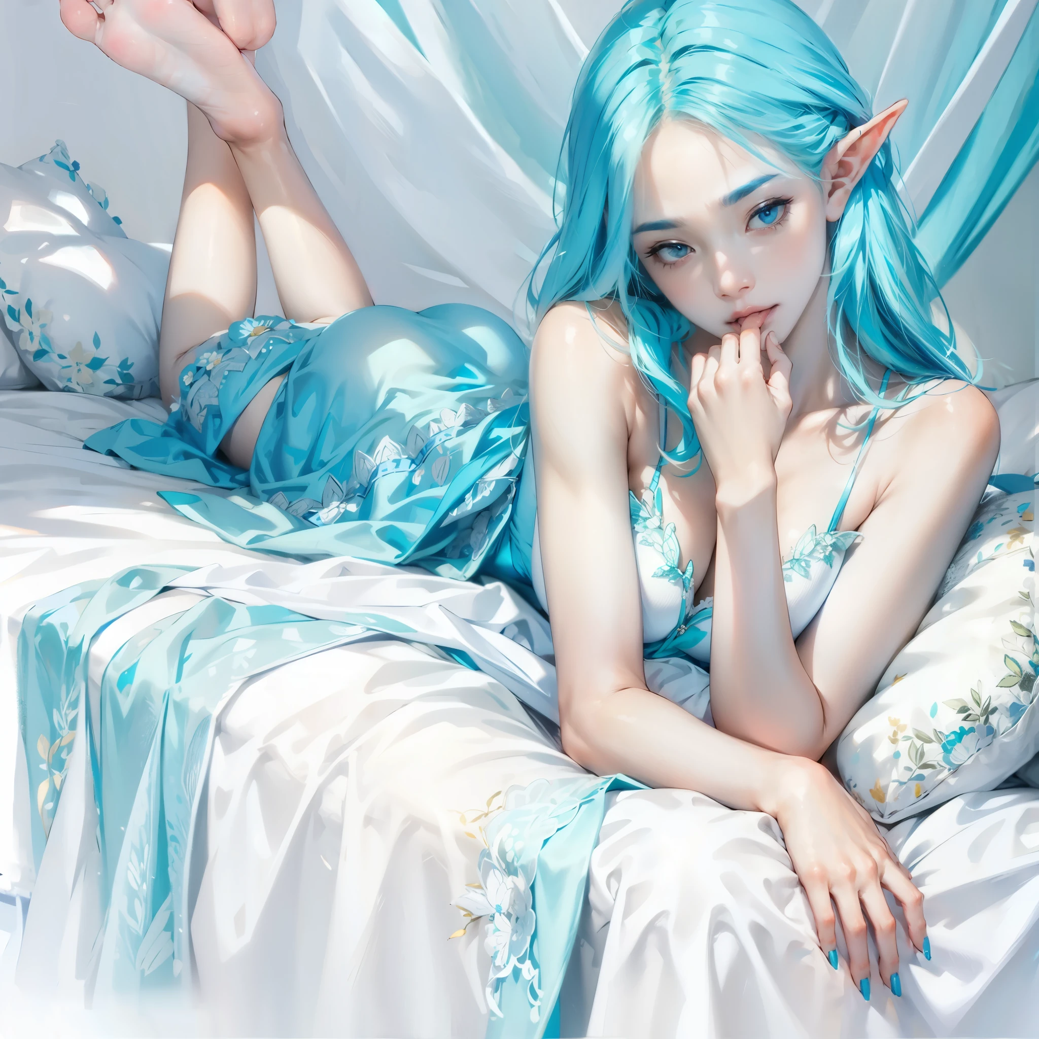 white bed，light blue ribbon，masterpiece，extremely high detail