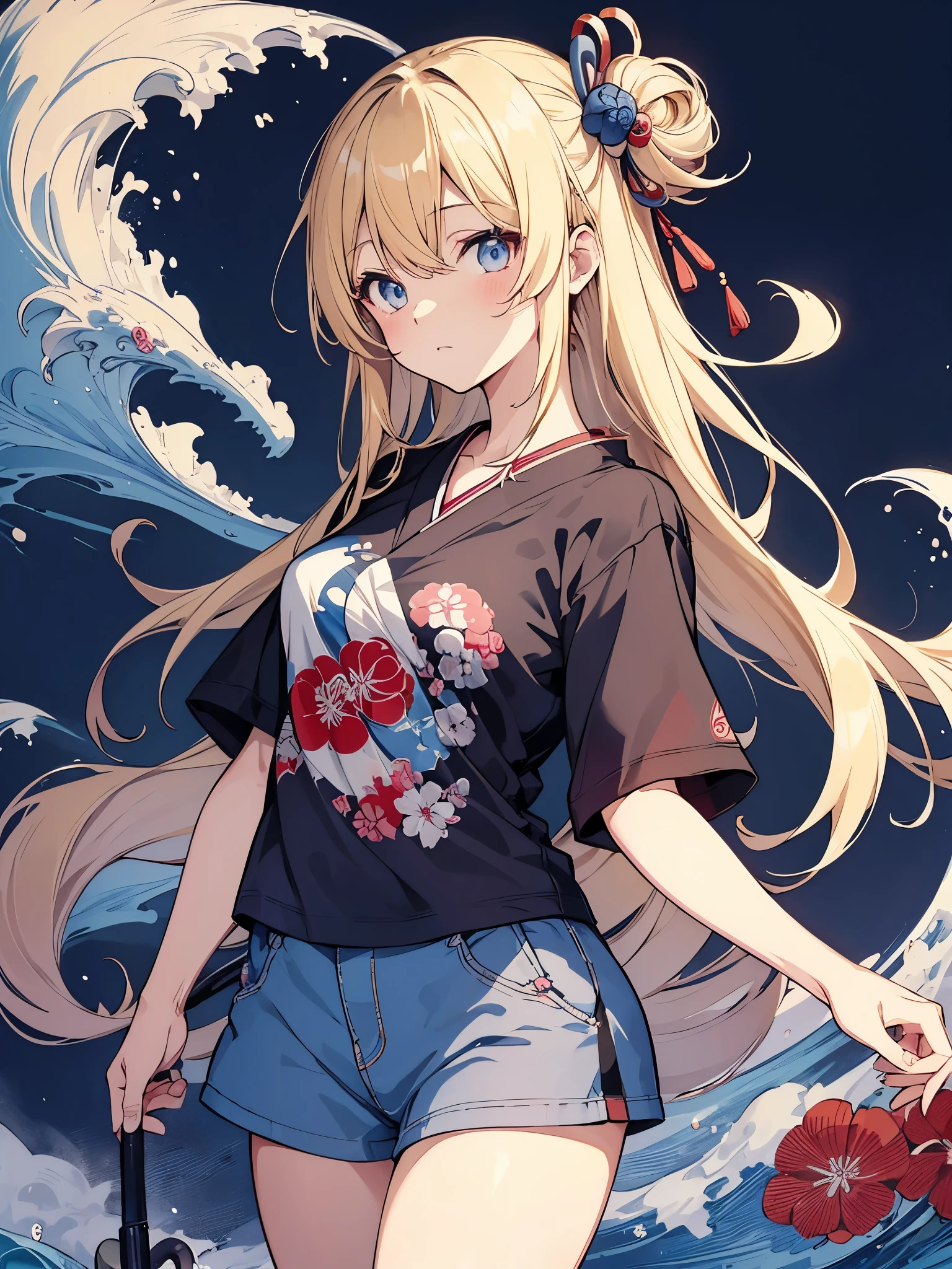 T-Shirt Design im japanischen Stil, Hokusai Welle, Hokusai Stil, mit modernen Anime Elementen, blonde Haare, blaue Augen, pastellfarben, 1girl, cute, kawaii, Sweet