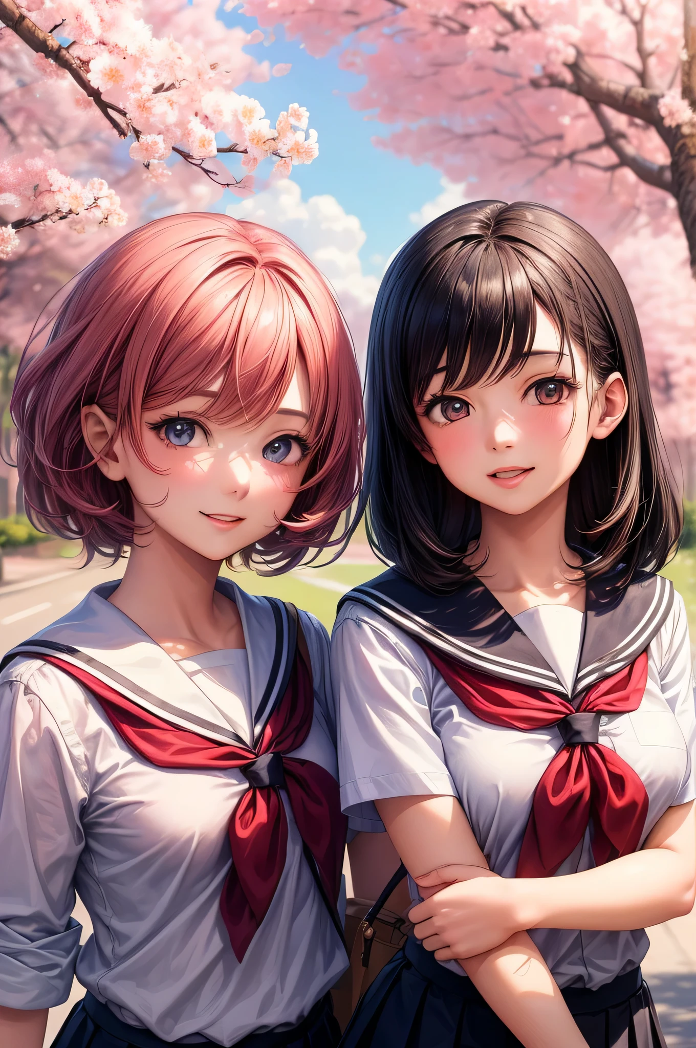 (2 girls:1.2), cute face, cute smile, (school uniform, mini skirt:1.2), (highest quality: 1.4), (Super detailed), (highest quality:1.4), (super detailed), (cherry blossomsのトンネル in full bloom, cherry blossomsのトンネル), road, Day光, cherry blossoms, cherry blossoms,  Sunny, cloud, Day,  blue sky, (anime illustration), very high resolution, (Upper body)