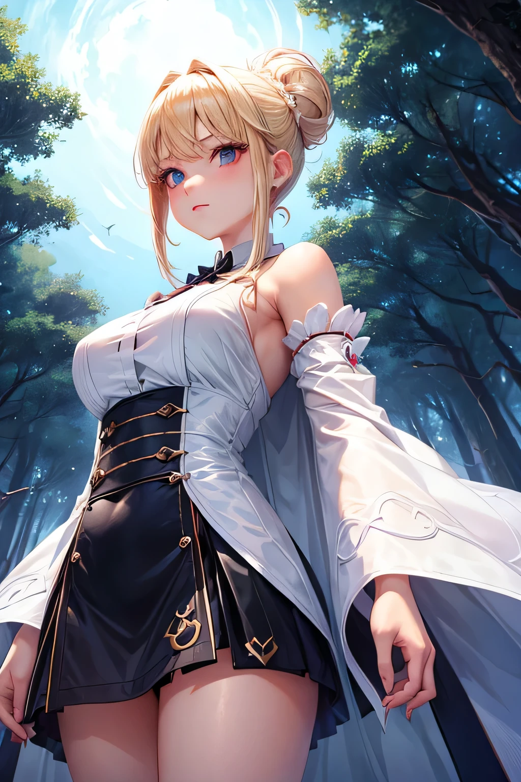 mini skirt robe、Beautiful female magician、blonde updo、((whole body))、(((photo taken from below)))、night forest