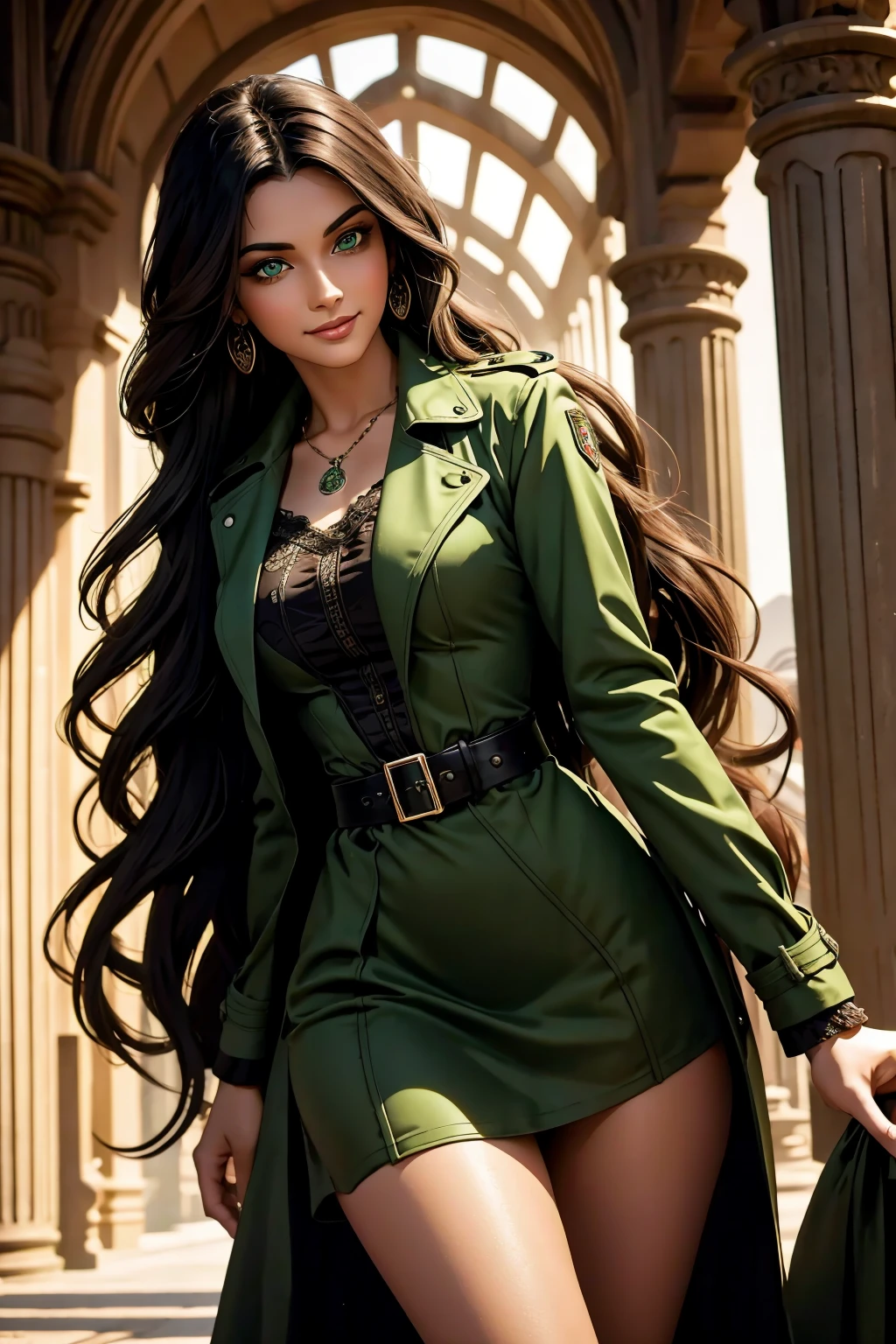 A stunning Indian beauty, with bright green eyes, with dark brown-black long wavy long hair, with mesmerizing feature with a Hopeful smiling expression, finely detailed eyes, happy mood masterpiece, top quality, best quality, official art, beautiful and aesthetic:1.2), (1girl), extreme detailed,(fractal art:1.3), colorful, highest detailed, (masterpiece, best quality:1.3) 1 bright-green-eyed woman, professional digital painting, Unreal Engine 5. Wearing a black-buttoned-up-military-trench coat.
