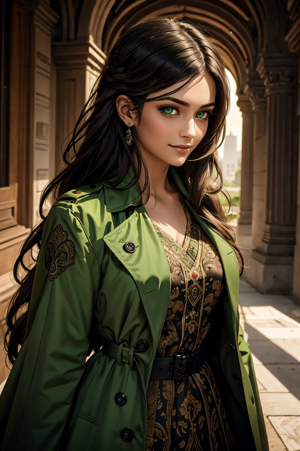 A stunning Indian beauty, with bright green eyes, with dark brown-black long wavy long hair, with mesmerizing feature with a Hopeful smiling expression, finely detailed eyes, happy mood masterpiece, top quality, best quality, official art, beautiful and aesthetic:1.2), (1girl), extreme detailed,(fractal art:1.3), colorful, highest detailed, (masterpiece, best quality:1.3) 1 bright-green-eyed woman, professional digital painting, Unreal Engine 5. Wearing a black-buttoned-up-military-trench coat.
