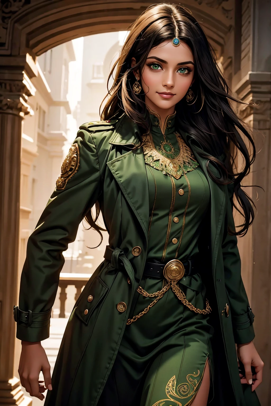 A stunning Indian beauty, with bright green eyes, with dark brown-black long wavy long hair, with mesmerizing feature with a Hopeful smiling expression, finely detailed eyes, happy mood masterpiece, top quality, best quality, official art, beautiful and aesthetic:1.2), (1girl), extreme detailed,(fractal art:1.3), colorful, highest detailed, (masterpiece, best quality:1.3) 1 bright-green-eyed woman, professional digital painting, Unreal Engine 5. Wearing a black-buttoned-up-military-trench coat.
