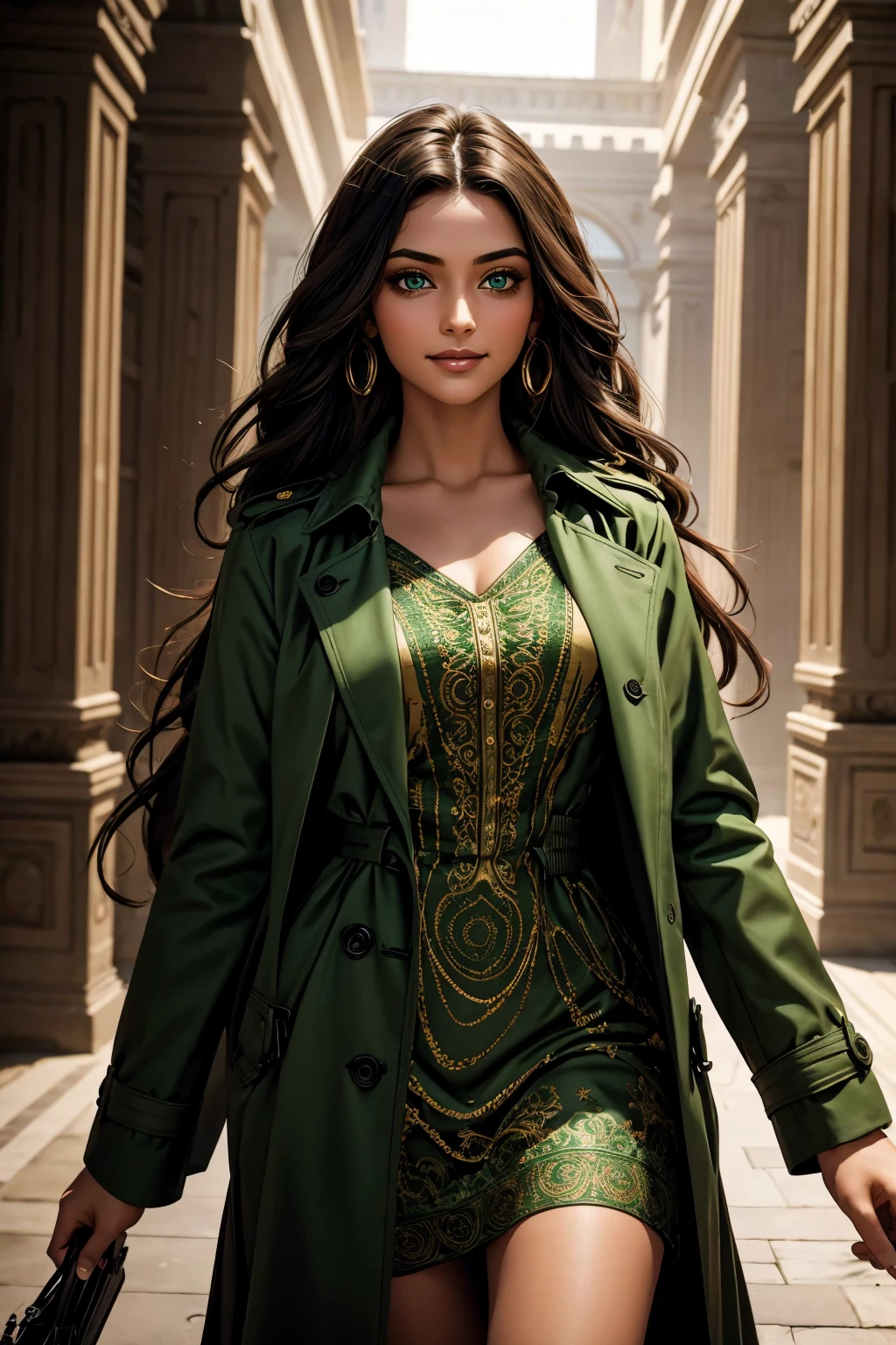 A stunning Indian beauty, with bright green eyes, with dark brown-black long wavy long hair, with mesmerizing feature with a Hopeful smiling expression, finely detailed eyes, happy mood masterpiece, top quality, best quality, official art, beautiful and aesthetic:1.2), (1girl), extreme detailed,(fractal art:1.3), colorful, highest detailed, (masterpiece, best quality:1.3) 1 bright-green-eyed woman, professional digital painting, Unreal Engine 5. Wearing a black-buttoned-up-military-trench coat.
