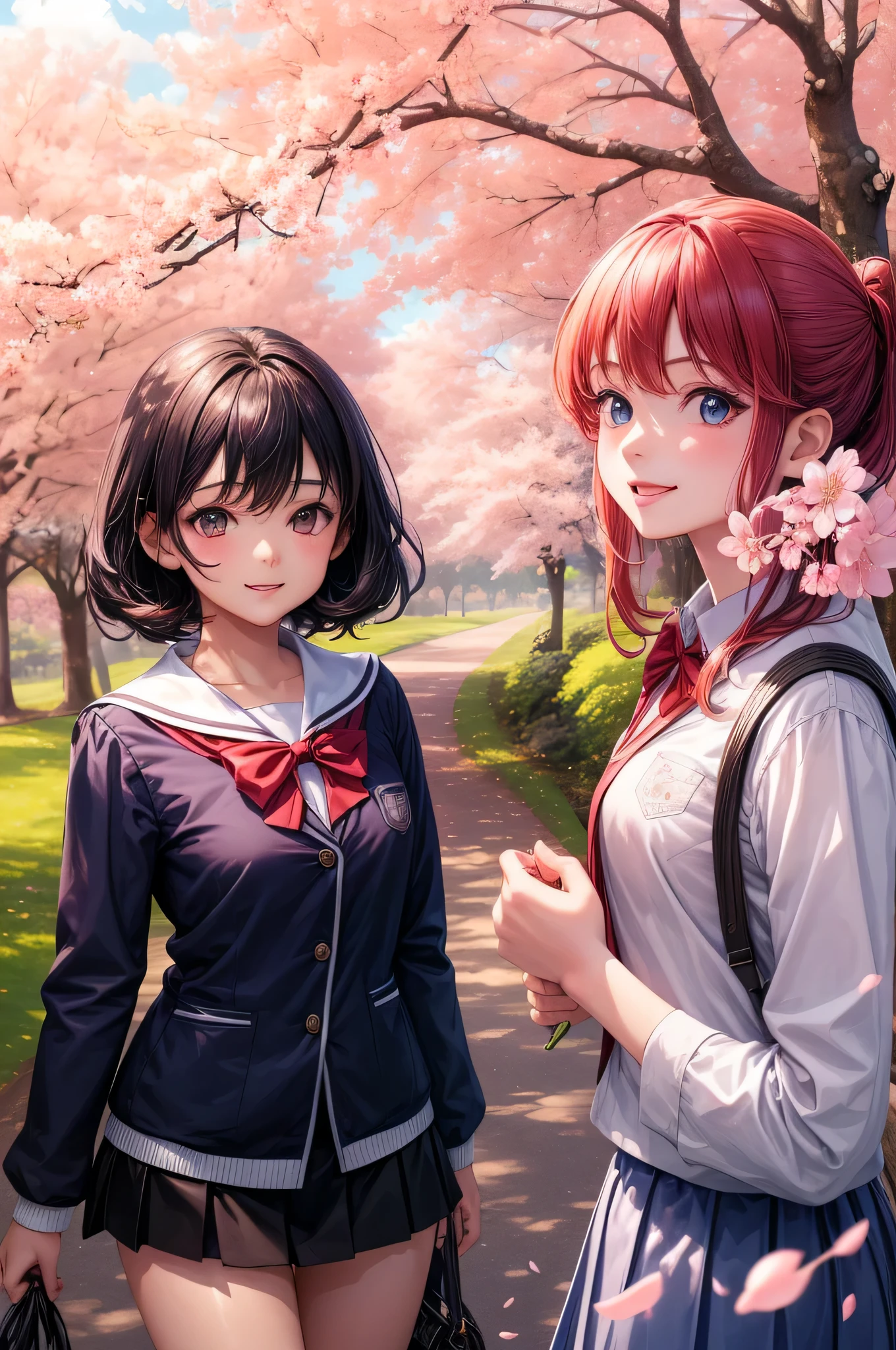(2 girls:1.2), cute face, cute smile, (school uniform, mini skirt:1.2), (highest quality: 1.4), (Super detailed), (highest quality:1.4), (super detailed), (cherry blossomsのトンネル in full bloom, cherry blossomsのトンネル), road, Day光, cherry blossoms, cherry blossoms, Sunny, cloud, Day, blue sky, (anime illustration), very high resolution, (Upper body)