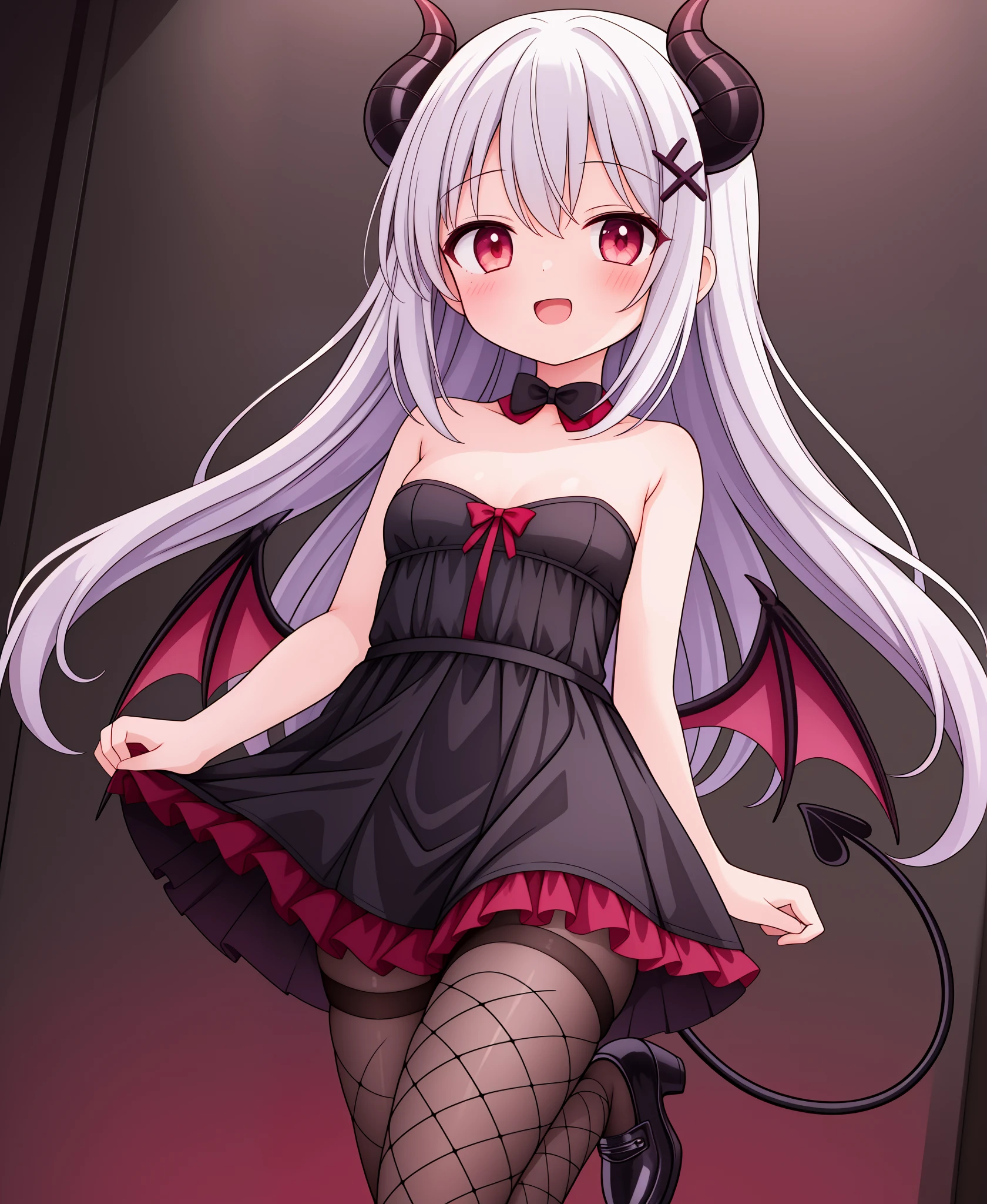 HDA_Masterpiece, 1girl, HDA_Hikari, Thrilled, demon girl, demon horns, demon tail, demon wings, strapless dress, thighhighs, fishnet legwear, fishnet pantyhose, nsfw