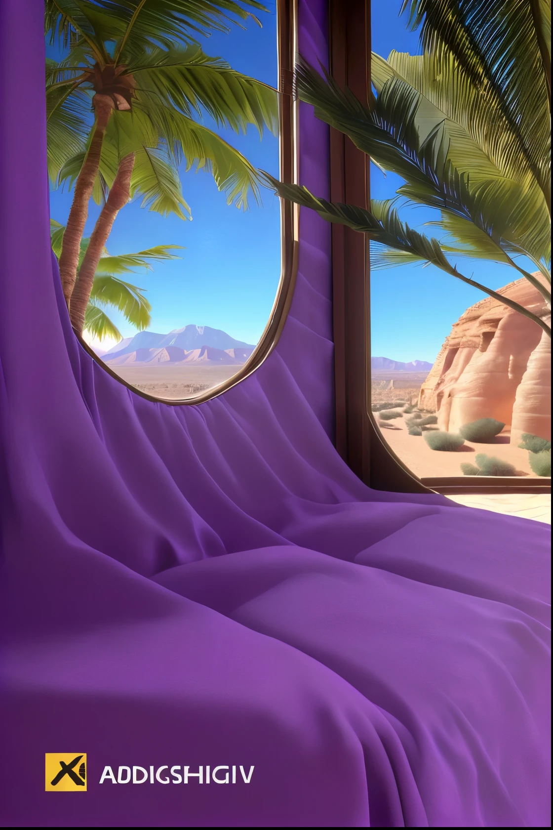 (best quality,4k,8k,highres,masterpiece:1.2),ultra-detailed,(realistic,photorealistic,photo-realistic:1.37),purple-walled room with 2 oval windows overlooking a desert and a distant mountain, blue sky, palm trees, green palm leaves filtering through the windows, purple floor