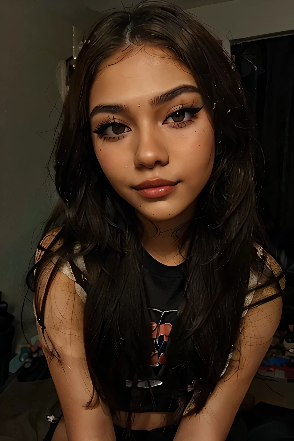small beautiful 20 year old girl, philipina, sharp jaw, super long fake eye lashes, brown hair, influencer girl, runny makeup, ruined makeup, mascara on her cheeks, sad smile, dark room