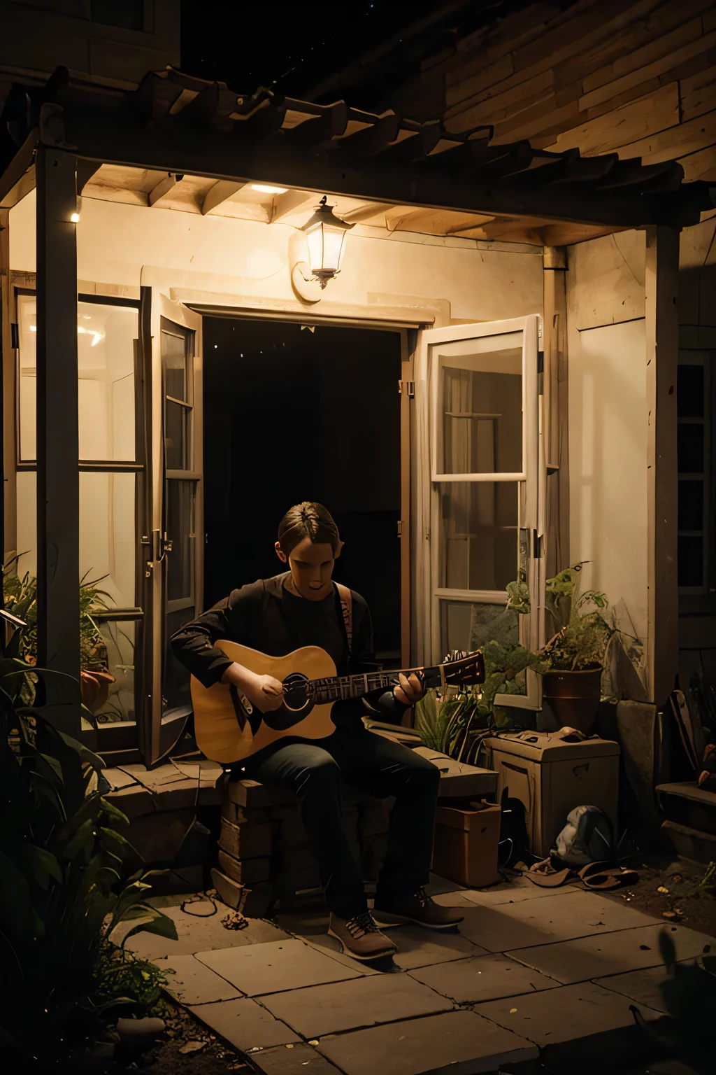 5 years boy playing guitar on porch at night painting, eerie nostalgic concept art, aron wiesenfeld dark fantasy, dragan bibin, inspired by Henry Ossawa Tanner