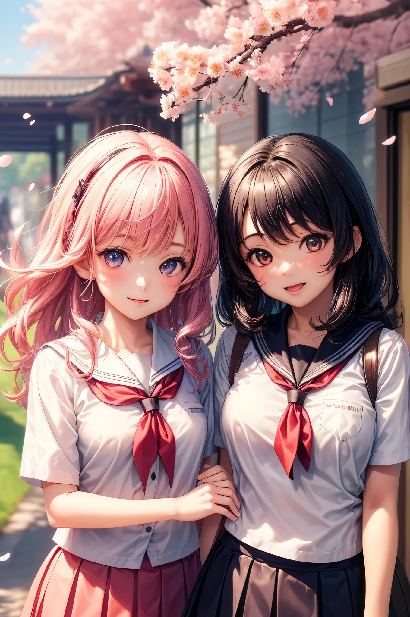 (2 girls:1.2), cute face, cute smile, (school uniform, mini skirt:1.2), (highest quality: 1.4), (Super detailed), (highest quality:1.4), (super detailed), (cherry blossomsのトンネル in full bloom, cherry blossomsのトンネル), road, Day光, cherry blossoms, cherry blossoms, Sunny, cloud, Day, blue sky, (anime illustration), very high resolution, (Upper body)