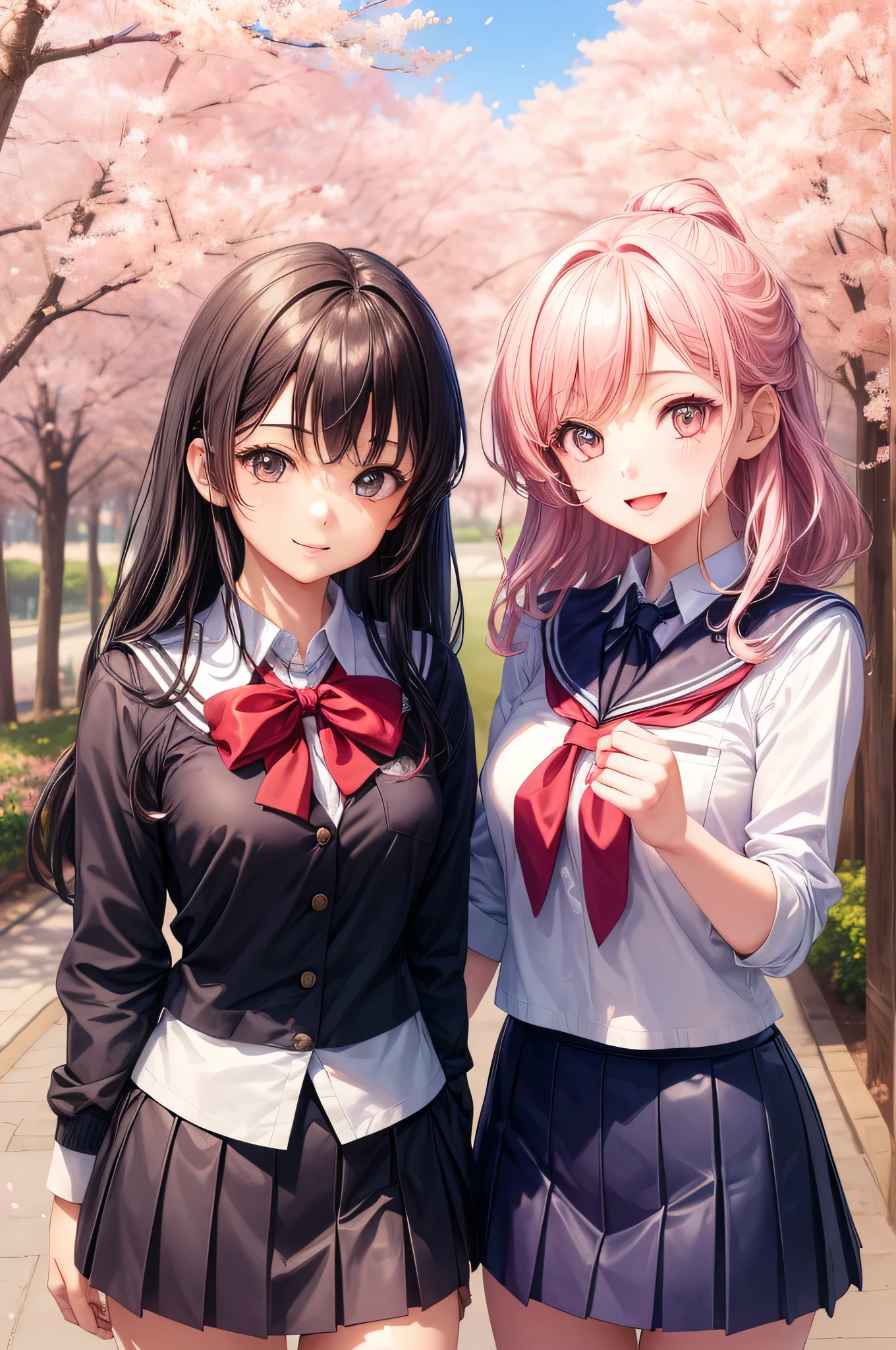 (2 girls:1.2), cute face, cute smile, (school uniform, mini skirt:1.2), (highest quality: 1.4), (Super detailed), (highest quality:1.4), (super detailed), (cherry blossomsのトンネル in full bloom, cherry blossomsのトンネル), road, Day光, cherry blossoms, cherry blossoms, Sunny, cloud, Day, blue sky, (anime illustration), very high resolution, (Upper body)