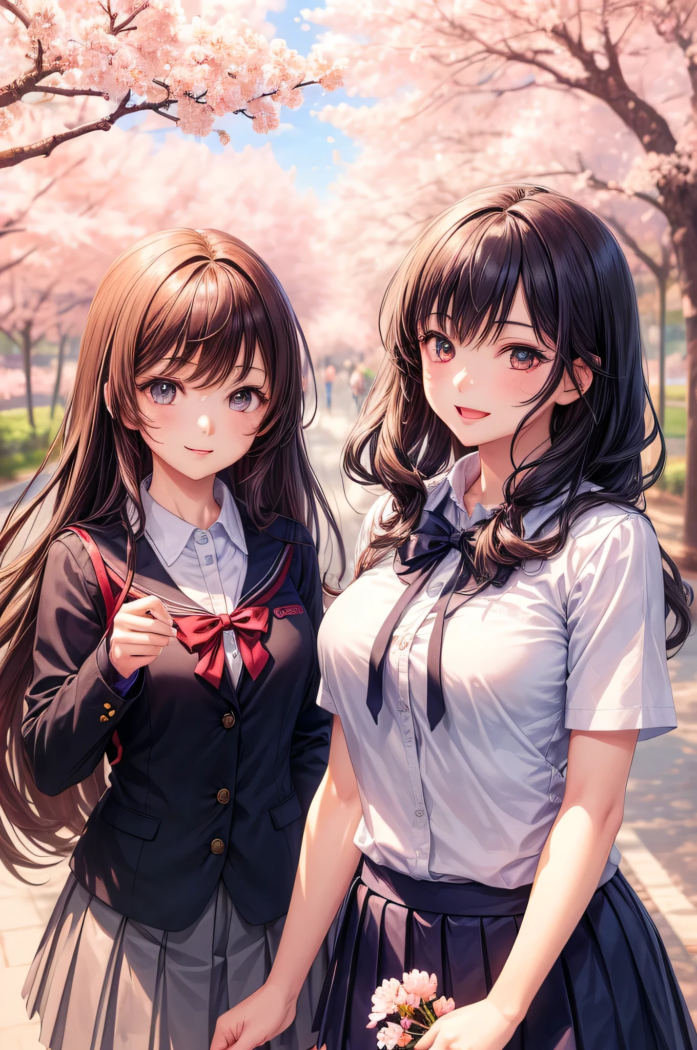 (2 girls:1.2), cute face, cute smile, (school uniform, mini skirt:1.2), (highest quality: 1.4), (Super detailed), (highest quality:1.4), (super detailed), (cherry blossomsのトンネル in full bloom, cherry blossomsのトンネル), road, Day光, cherry blossoms, cherry blossoms, Sunny, cloud, Day, blue sky, (anime illustration), very high resolution, (Upper body)