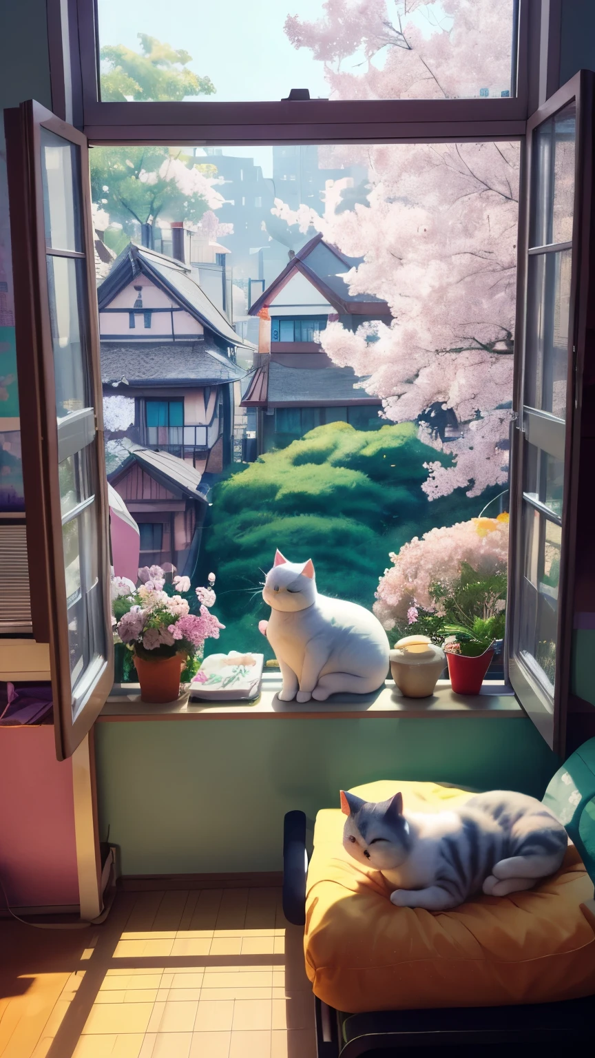 A vibrant urban morning view from the window, a chubby and adorable cat lounging on the futon, a fantastical and whimsical morning, a scene reminiscent of Studio Ghibli's artwork. Outside the window, it's a magical, dazzling dawn and flowers are dancing.