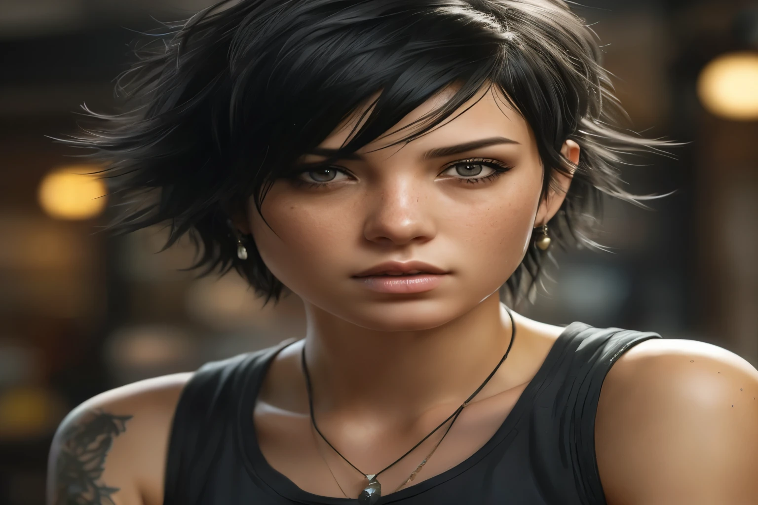 a close up of a woman with a necklace and a necklace on,  cinematic realistic portrait, 8k portrait render, unreal engine character art, ultra realistic concept art, artgerm ; 3d unreal engine, small character. unreal engine 5, ultra realistic picture, photorealistic concept art, beautiful realistic photo, short dark hair, short black hair, amazing photorealistic graphics. small lips, pink lips, grey eyes