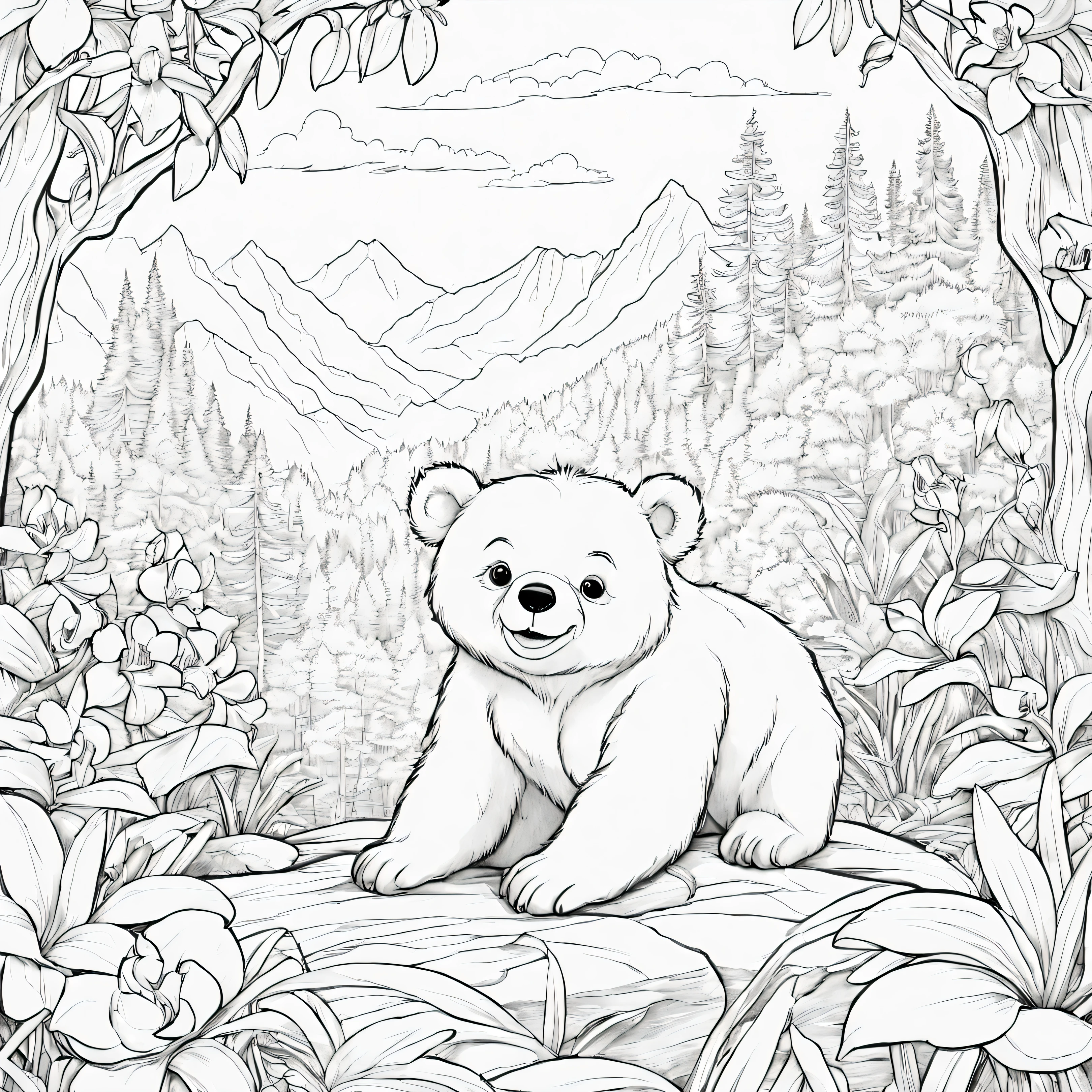 Line drawing, Pixar style, coloring page An adorable little bear resting in his den among vibrant orchids in a North American inspired forest, detailed background of wooded mountain areas. ColoringBookAF, Blank White Background Coloring Books Redmond-Coloring Book