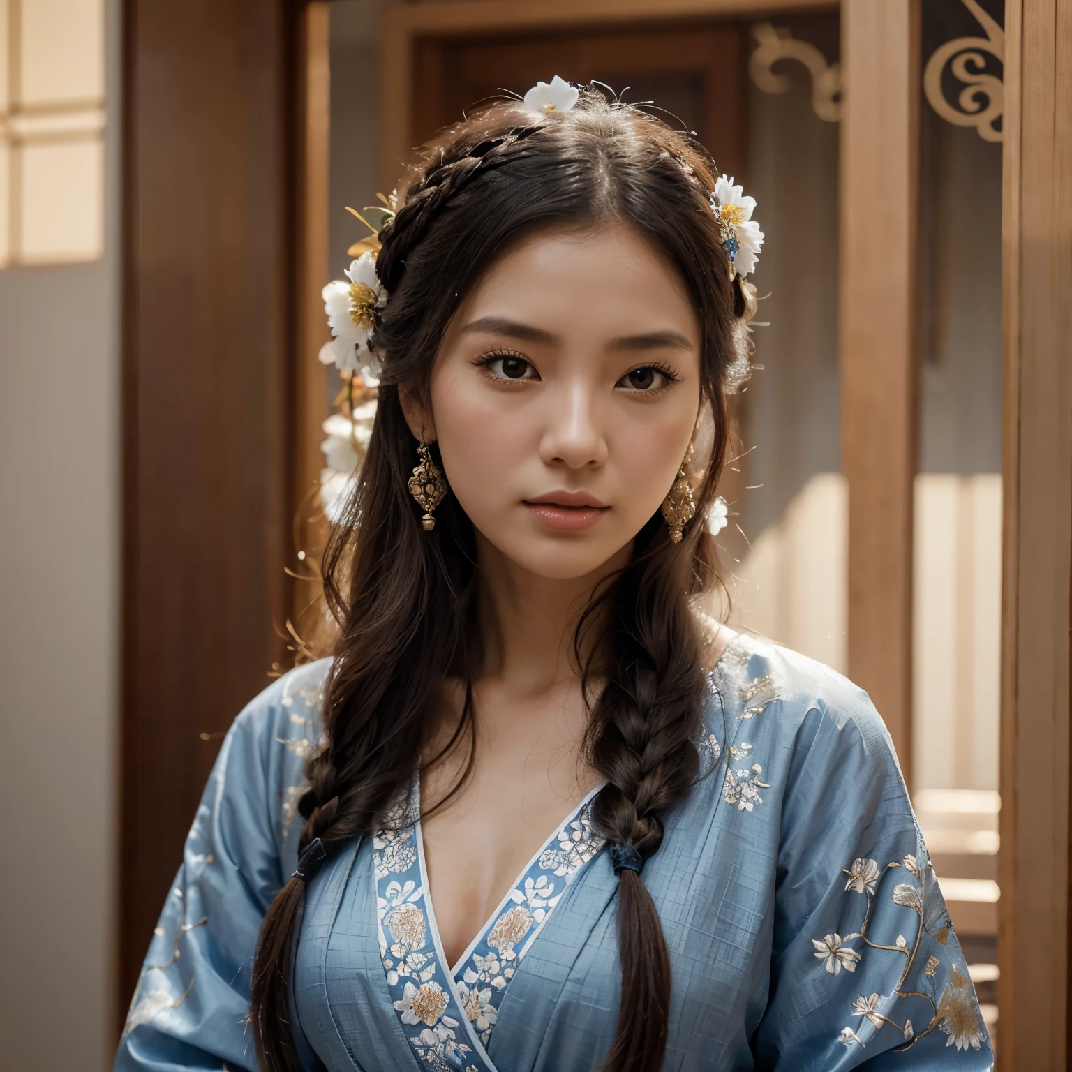 The figure is a woman portrayed in a graceful pose with a serene and contemplative expression. Her attire and styling suggest traditional East Asian influences, likely a form of hanfu with its flowing layers and intricate patterns. The garment is detailed with floral patterns in shades of blue and white, which may represent a specific type of porcelain design. The use of blue is prominent, suggesting a connection to nobility or serenity in some East Asian cultures. The woman's hair is long, flowing, and styled traditionally with ornaments that include flowers and hanging beads or jewels. These hair accessories are elaborate, adding to the sense of elegance and refinement.