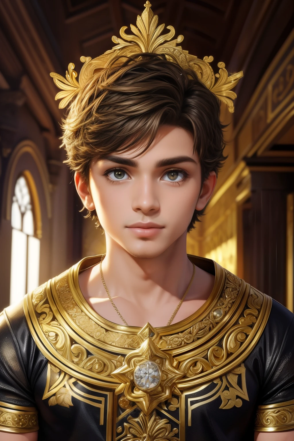 (obra de arte, melhor qualidade:1.2), 8K, Detalhes insanos, detalhes intrincados, hiperdetalhado, hiper qualidade, Alto detalhe, ultra detalhado, profissional, hdr, Realista, ray tracing reflection, pele detalhada, lindos olhos detalhados, arte oficial, Cabelo curto e espetado,
1 menino, bonitinho, Deus, Cinematic lighting, ornamentado, (brilho, dourado brilhante:1.2), ornament, diamante, Headshots, sexy, Bonito,