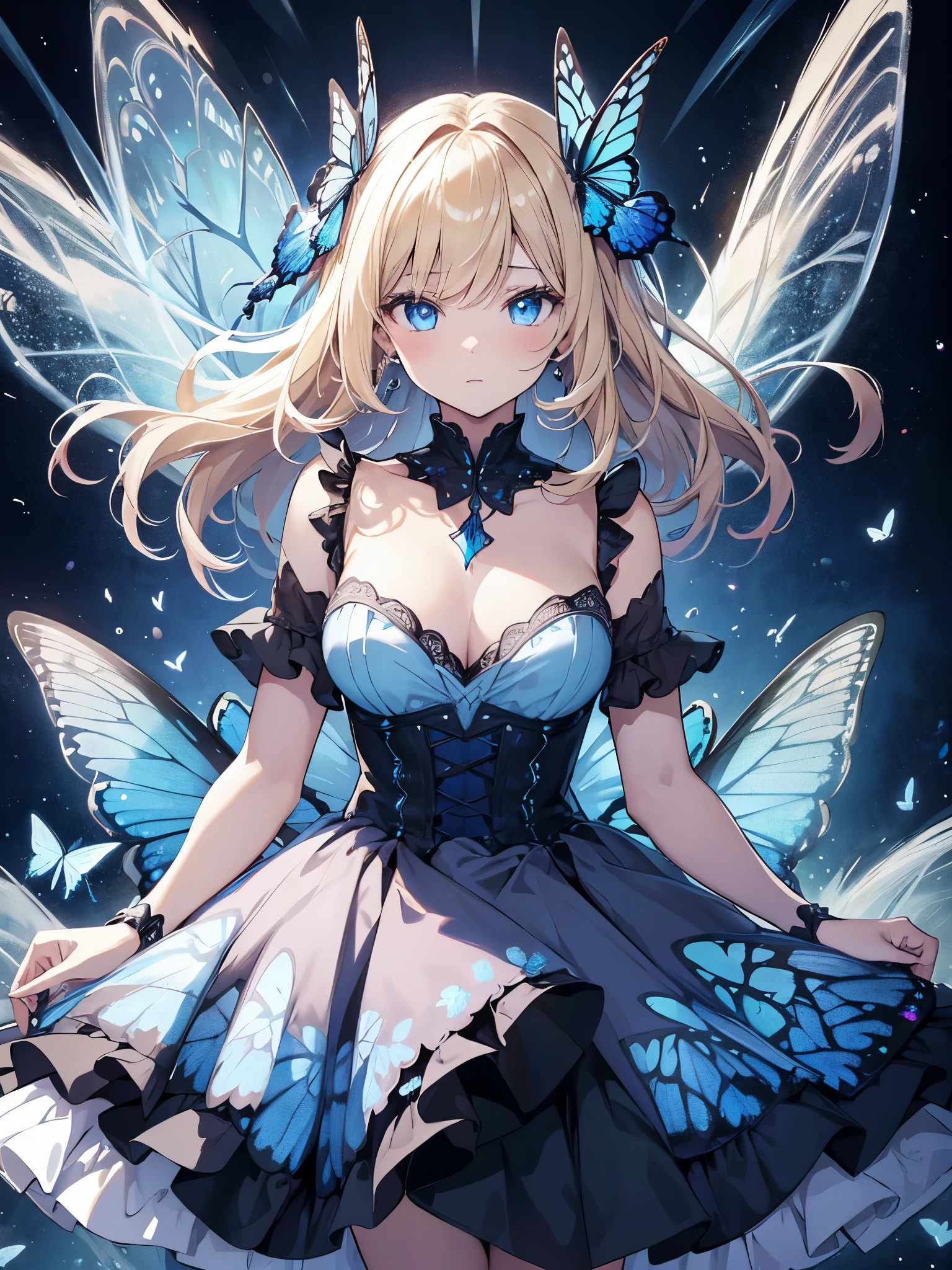 1girl,mit einem langen Kleid, The dress consists of lots of butterflies in different sizes and colors, Regenbogenfarben, Blonde Haare, sehr lange Haare, geflochtene Haare und teilweise offen, White background, elegant, dynamisch, beautifules Kunstwerk, Anime-Illustration, Ultra HD, beautiful, blaue Augen, sehr viele Schmetterlinge bilden das Kleid